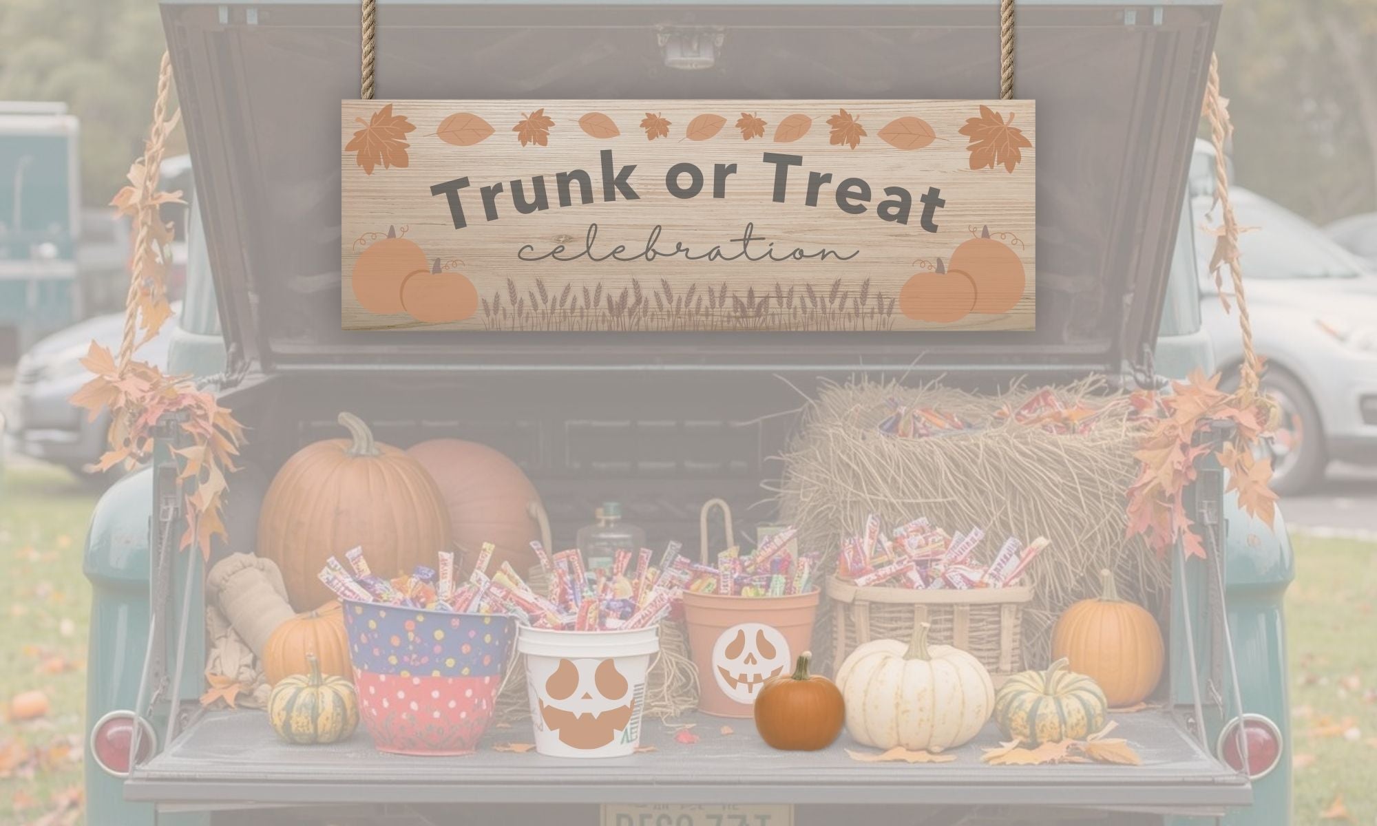 turnk or treat truck bed decorated and filled with buckets of candy