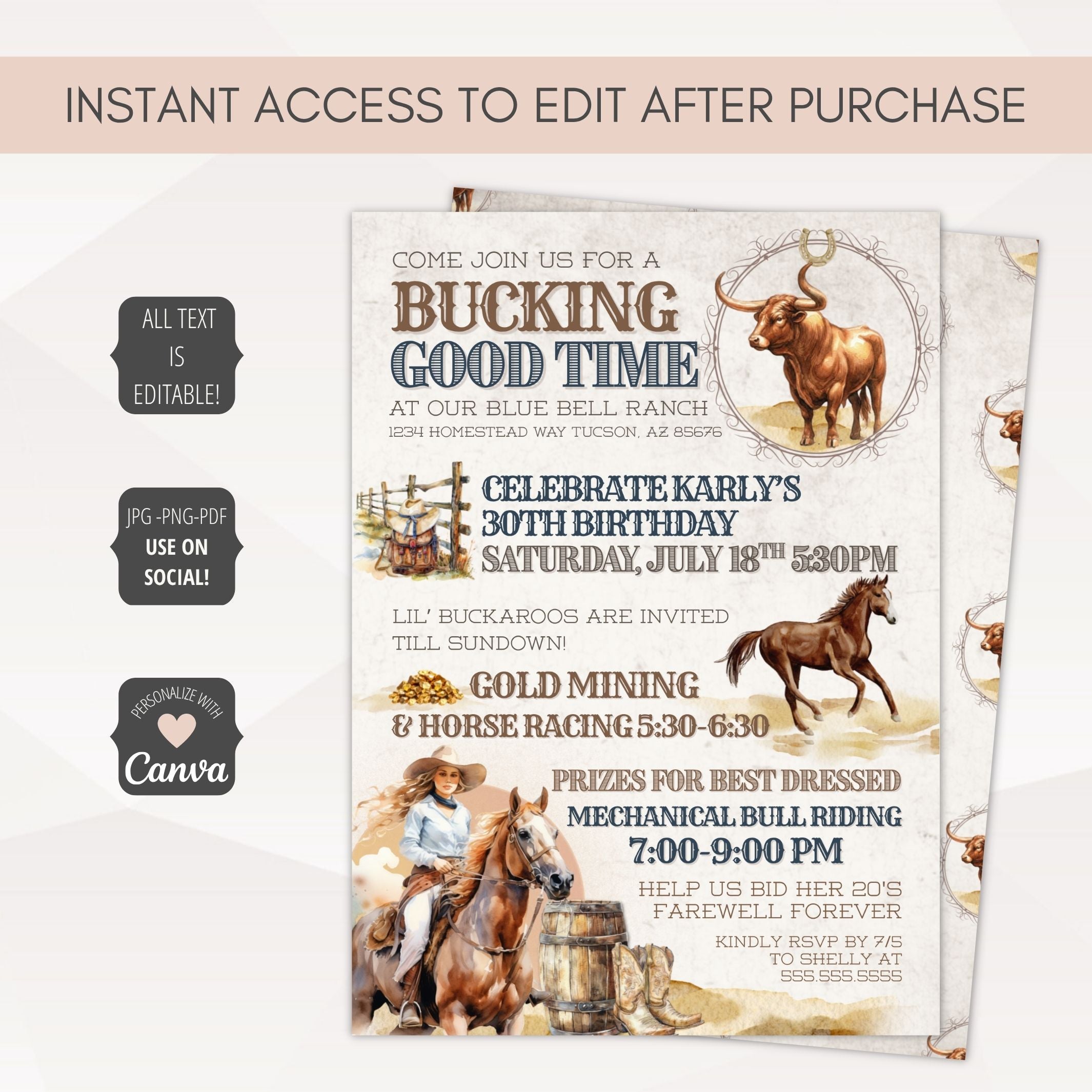 Vintage inspired modern cowgirl birthday party invitation with blonde woman riding horseback and bull for mechanical bull riding party celebration with editable text.