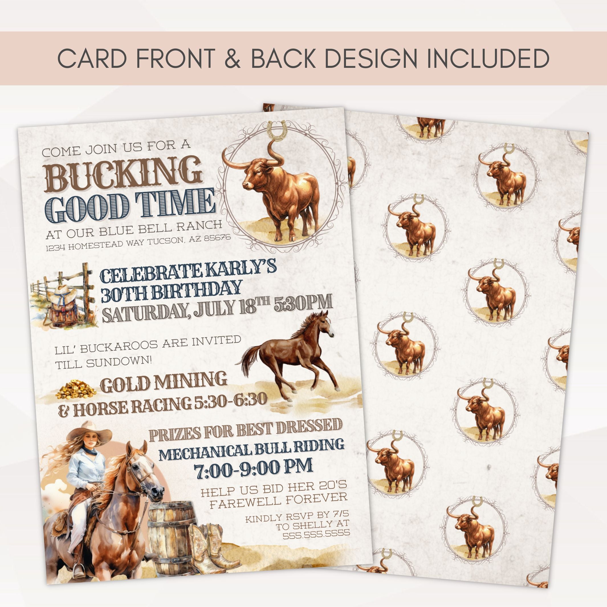 Modern, rustic bull riding birthday party event invitation with editable text shown on front of editable invite template with back design included.