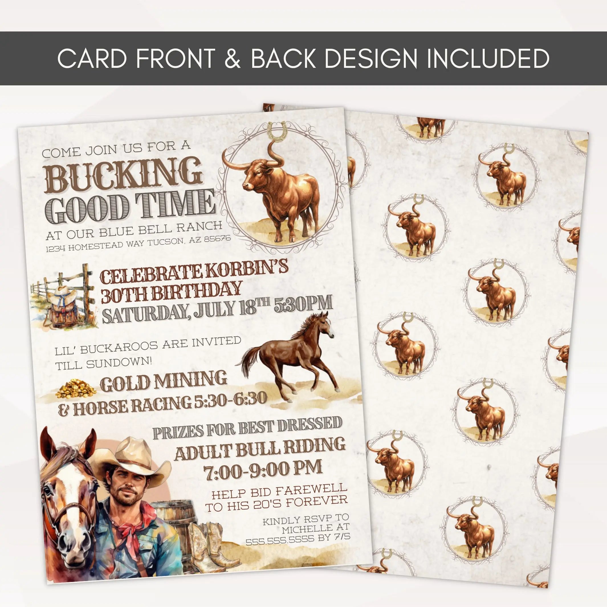 Customizable bull riding birthday party invitation displayed for 30th birthday with vintage, rustic western elements that is editable in minutes using Canva.