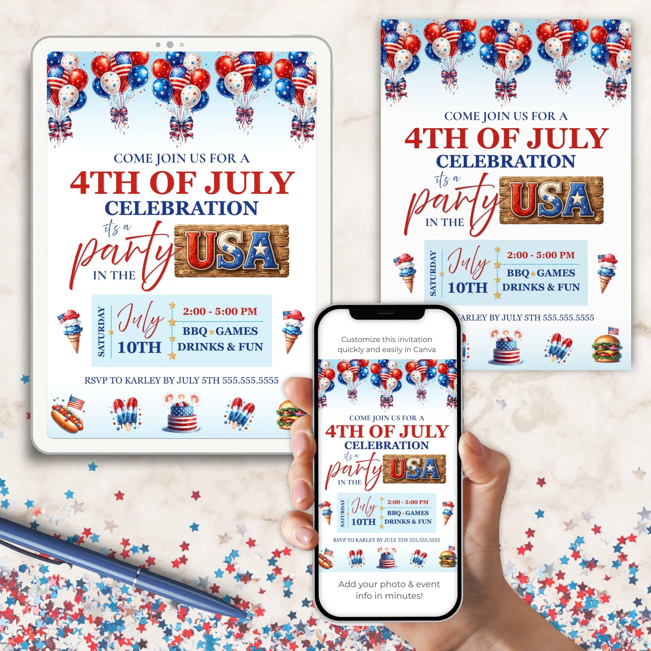 4th of July party invitation on a phone and tablet with a hand holding the phone.