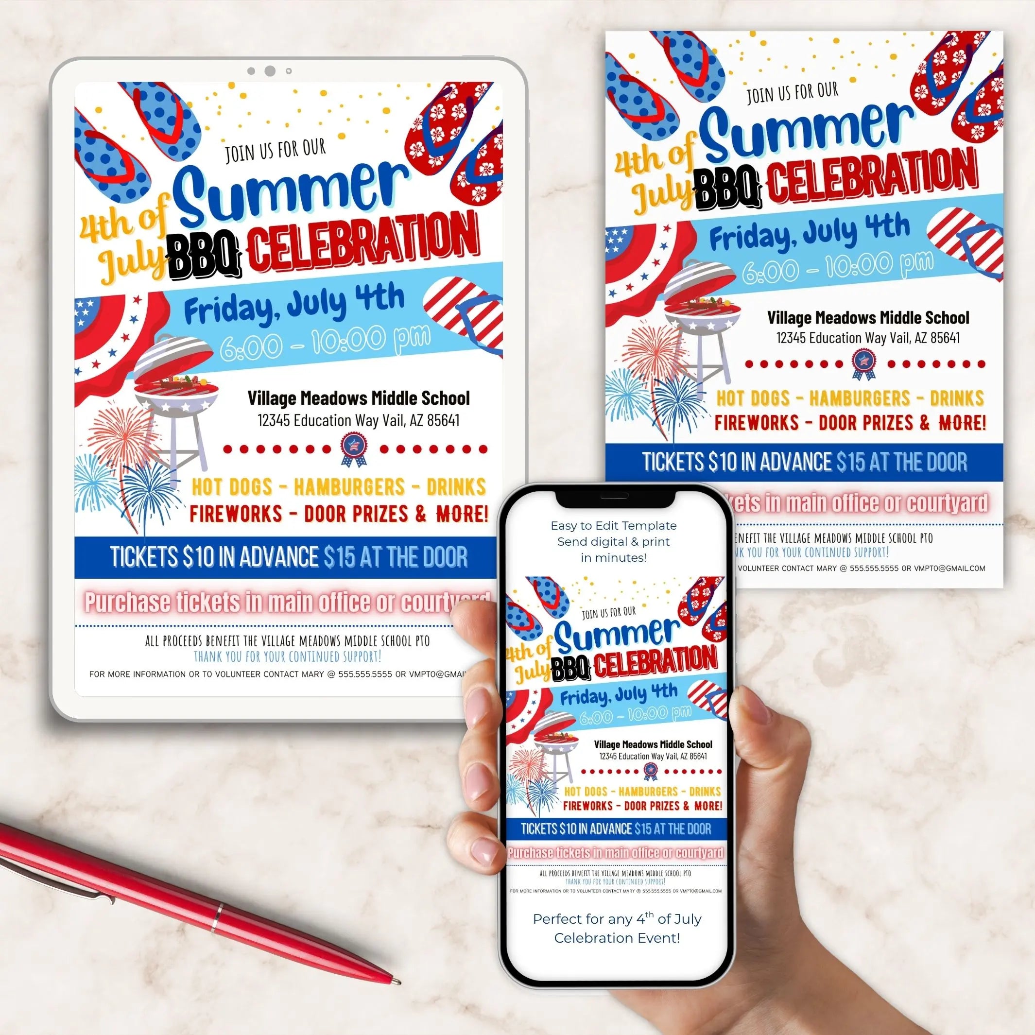 Promotional flyer for a 4th of July BBQ celebration on a phone and paper.