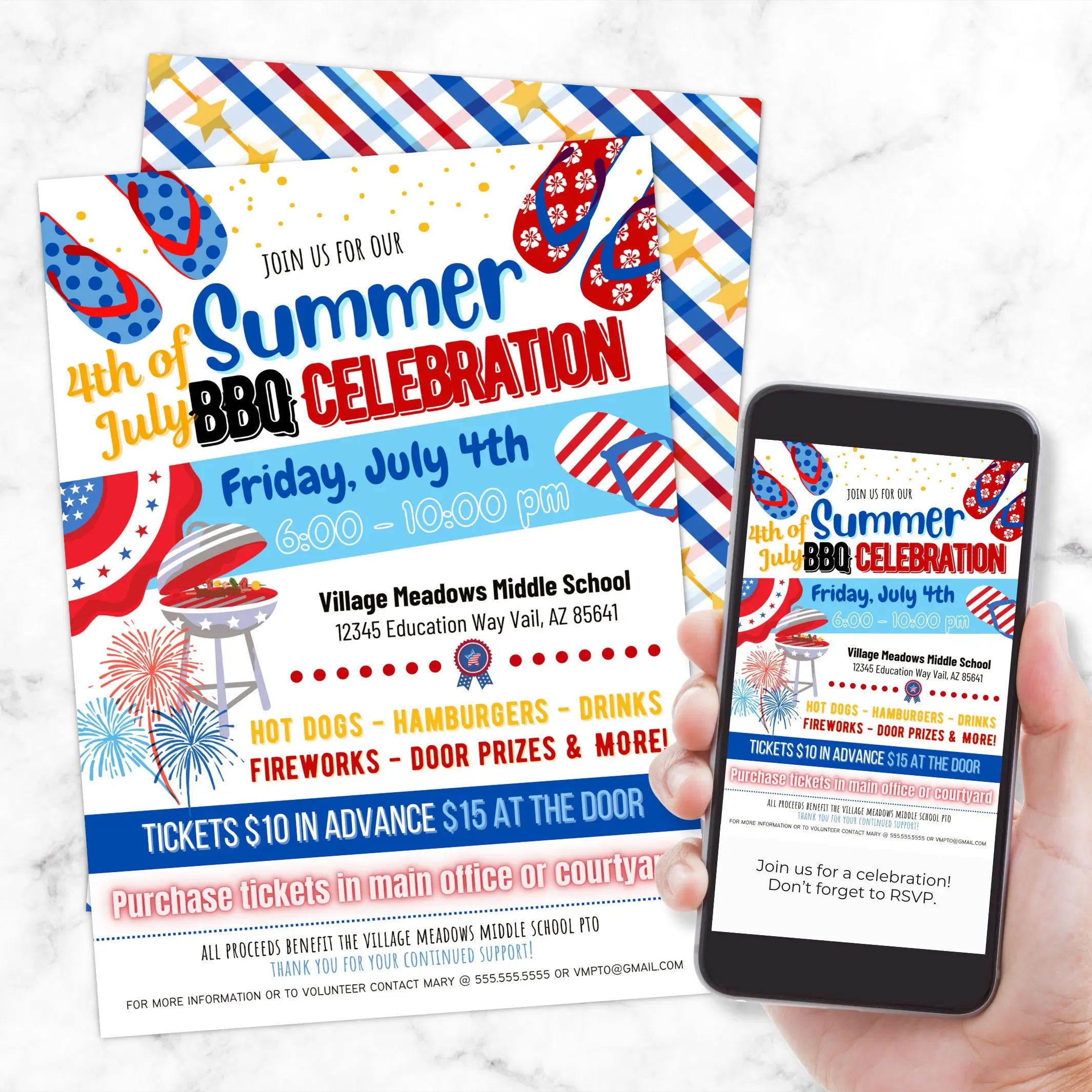 4th of July BBQ Celebration flyer with phone displaying the same flyer on a white background