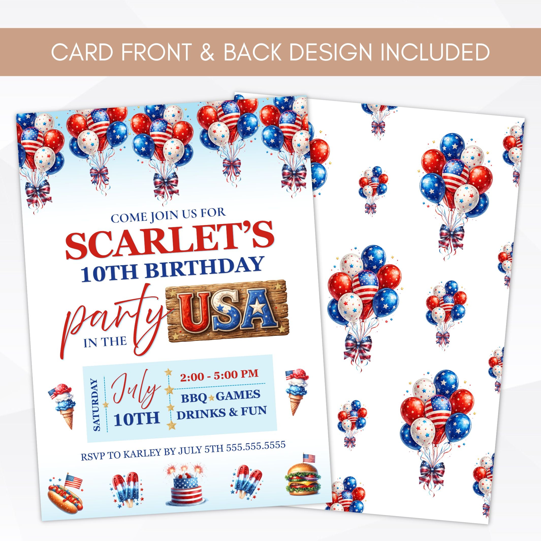 Birthday party invitation with balloons and USA theme