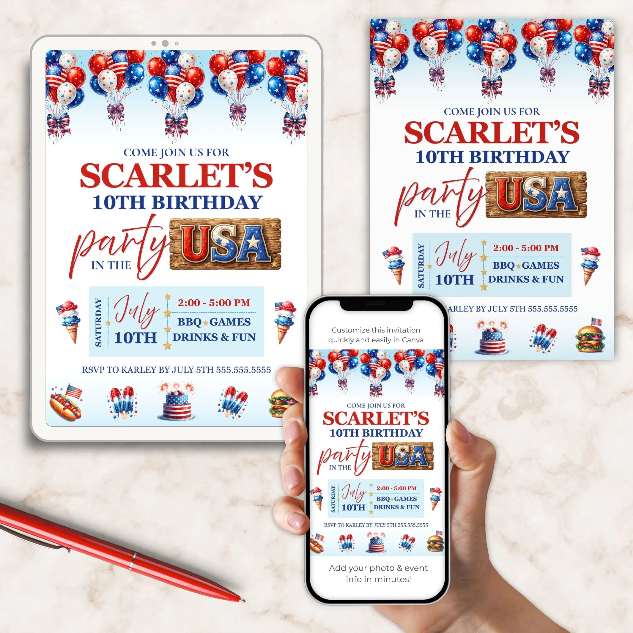 Birthday party invitation with American flag theme displayed on a phone and tablet.