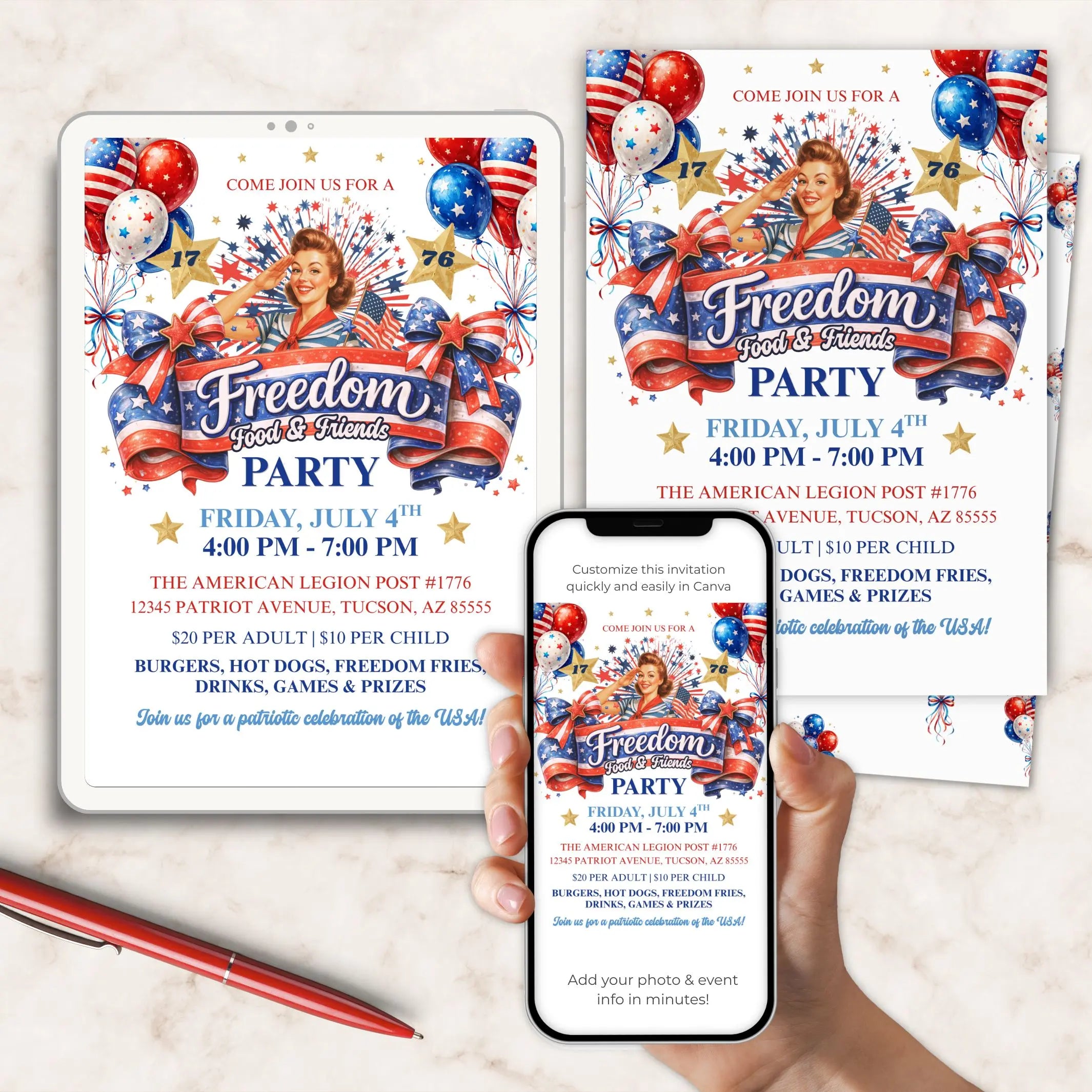 Invitation for a 'Freedom Food & Friends Party' with patriotic pin up girl, American flag, balloons, and bows design elements on a white surface.
