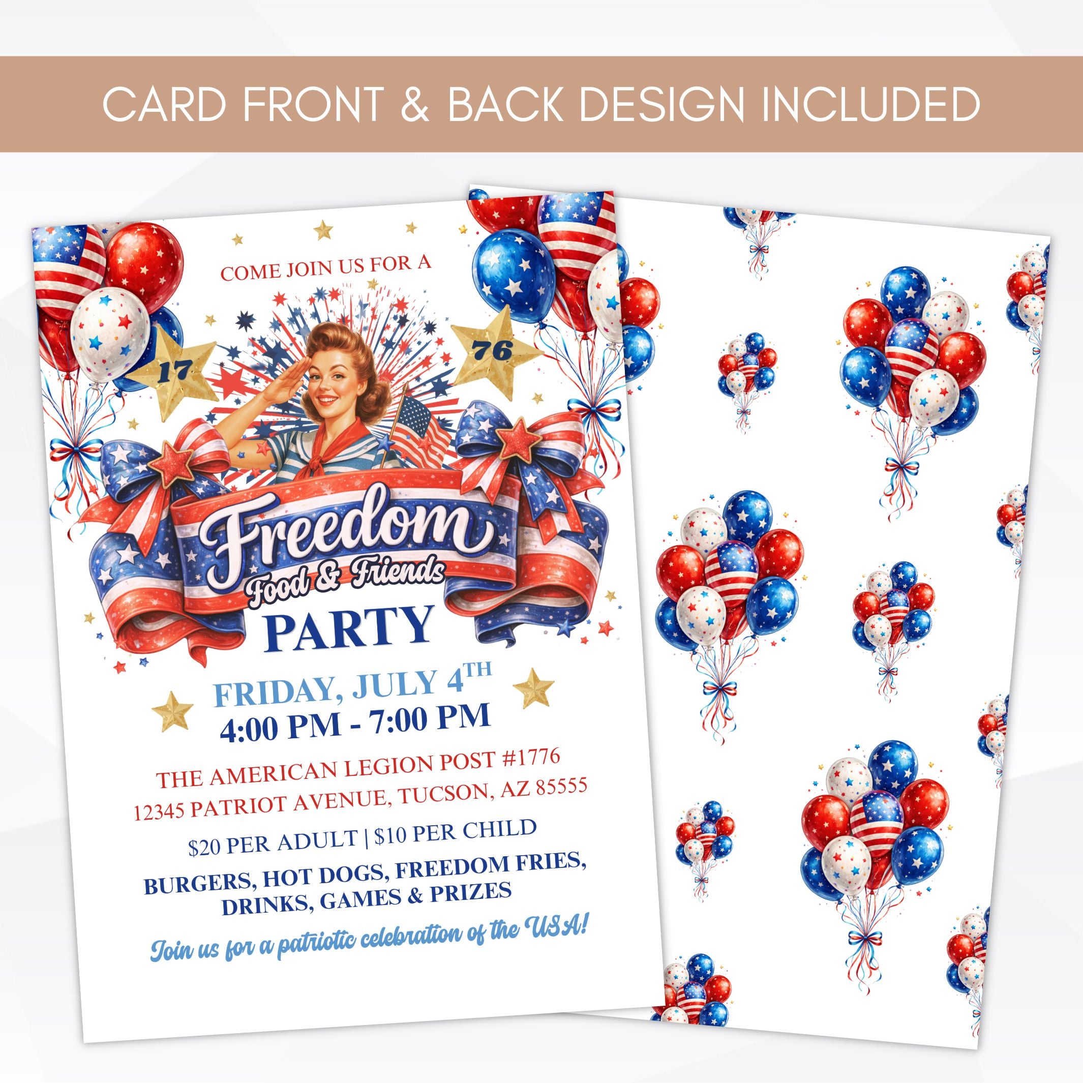 Invitation card for a 4th of July party with balloons and patriotic design.