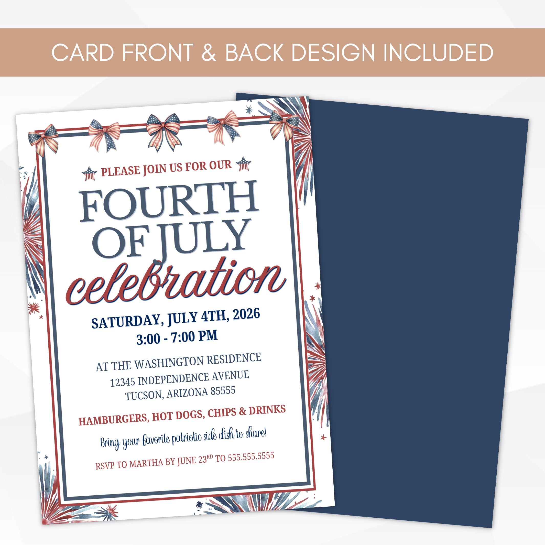 Fourth of July celebration invitation card with decorative elements on a white background