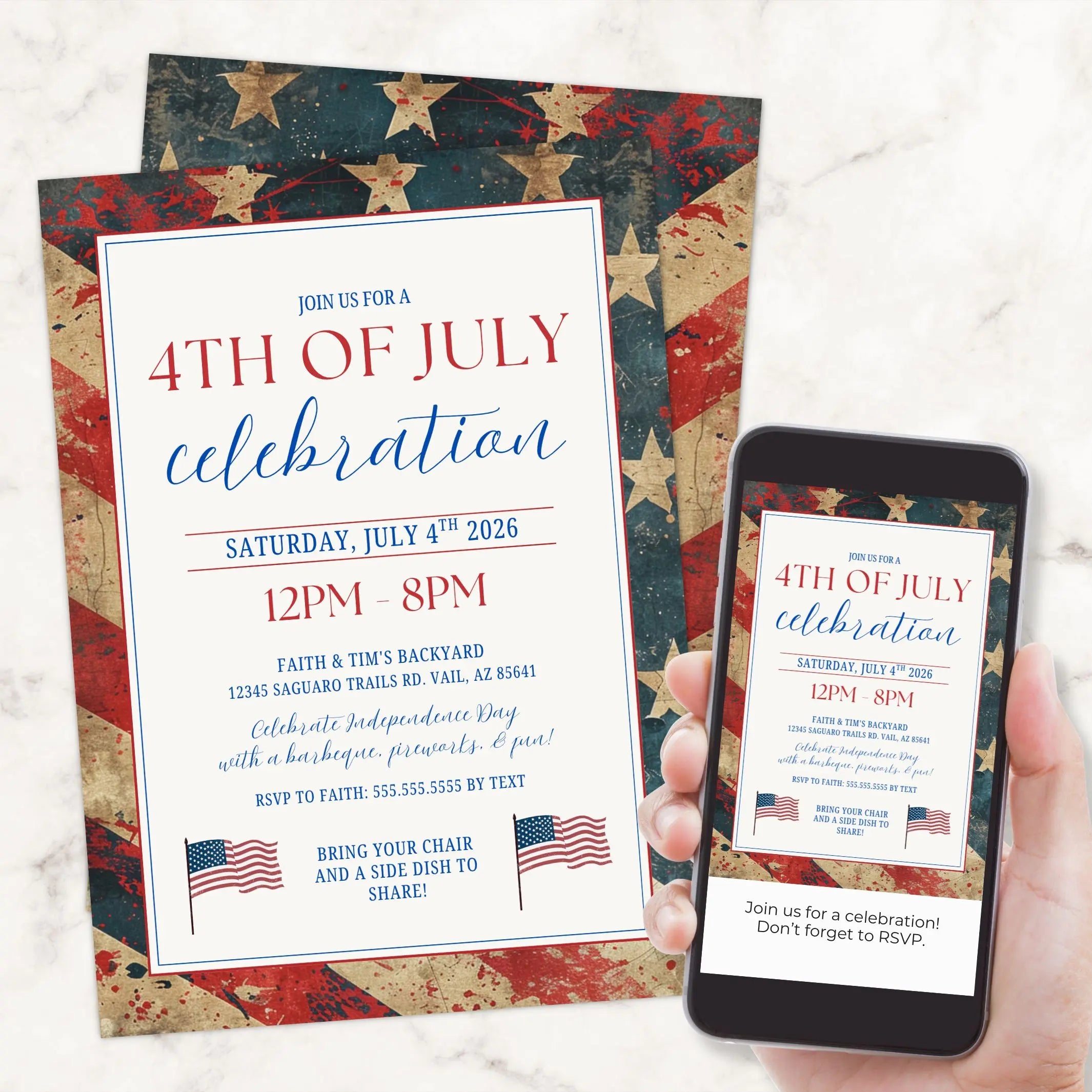 4th of July celebration invitation with American flag design on a textured surface.