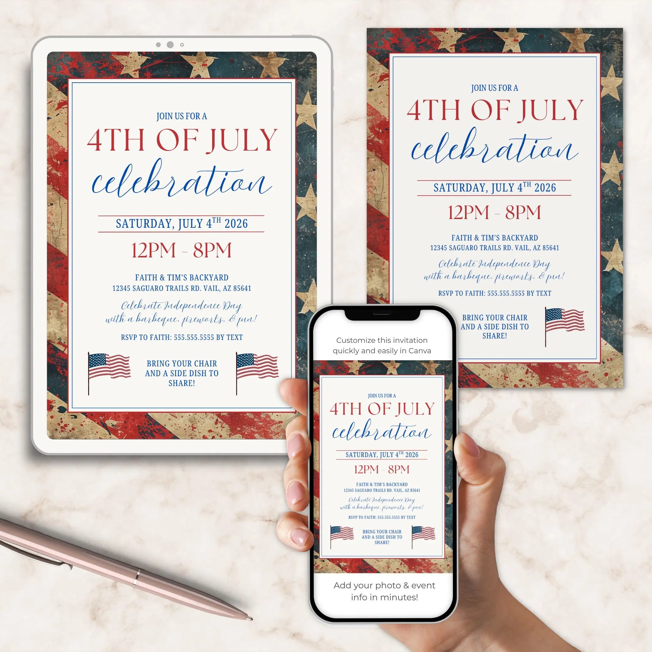 4th of July celebration invitation on a tablet, phone, and paper with American flag design.