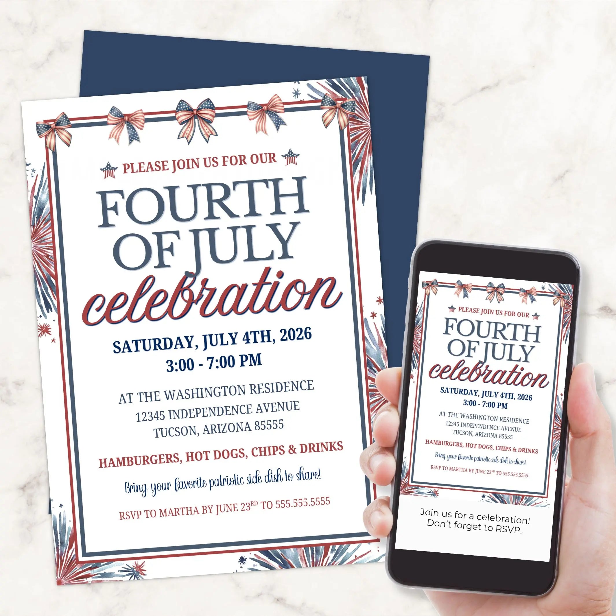 Fourth of July celebration invitation with a phone displaying the same invitation on a marble surface.