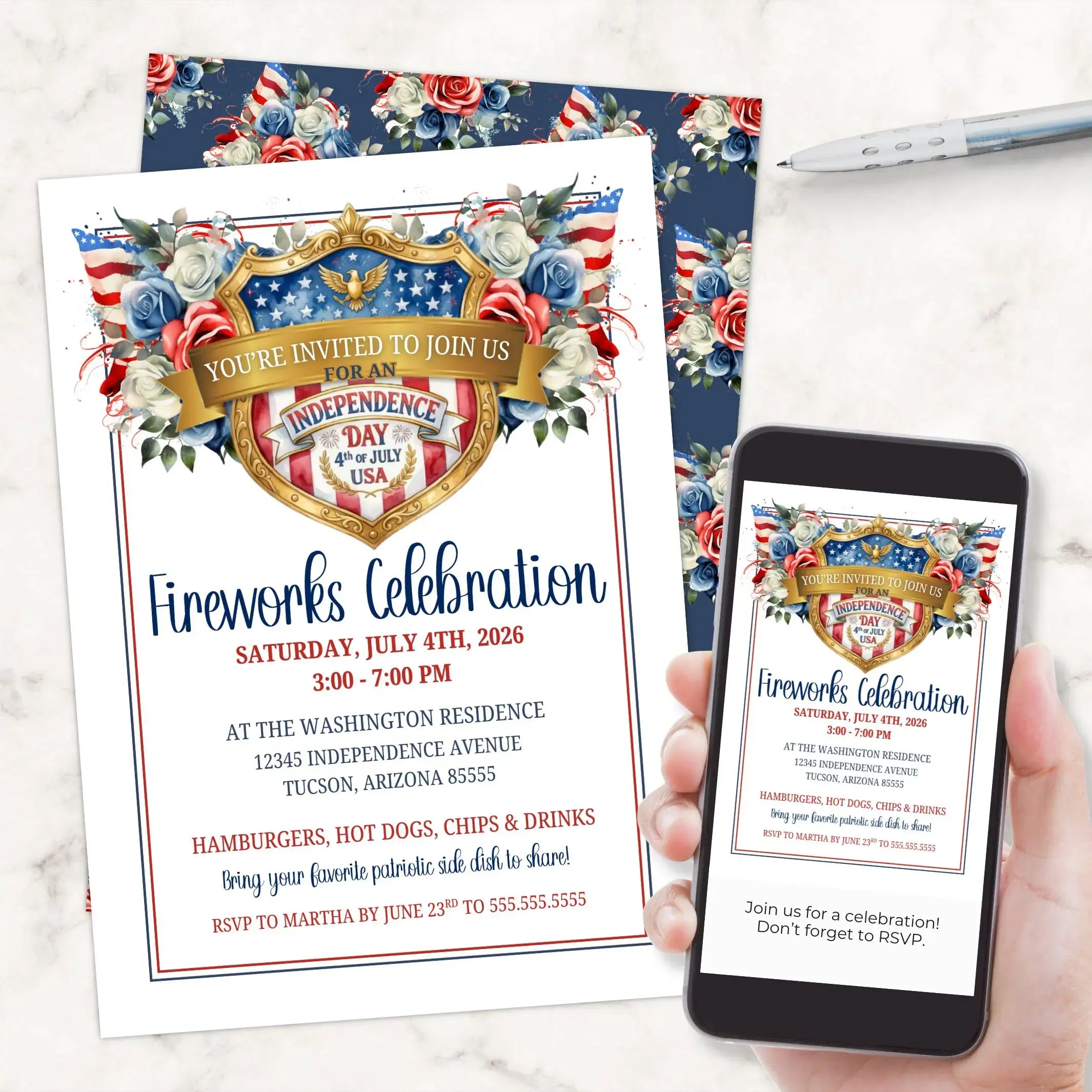 Independence Day invitation with American flag design, held by a hand and displayed on a phone.