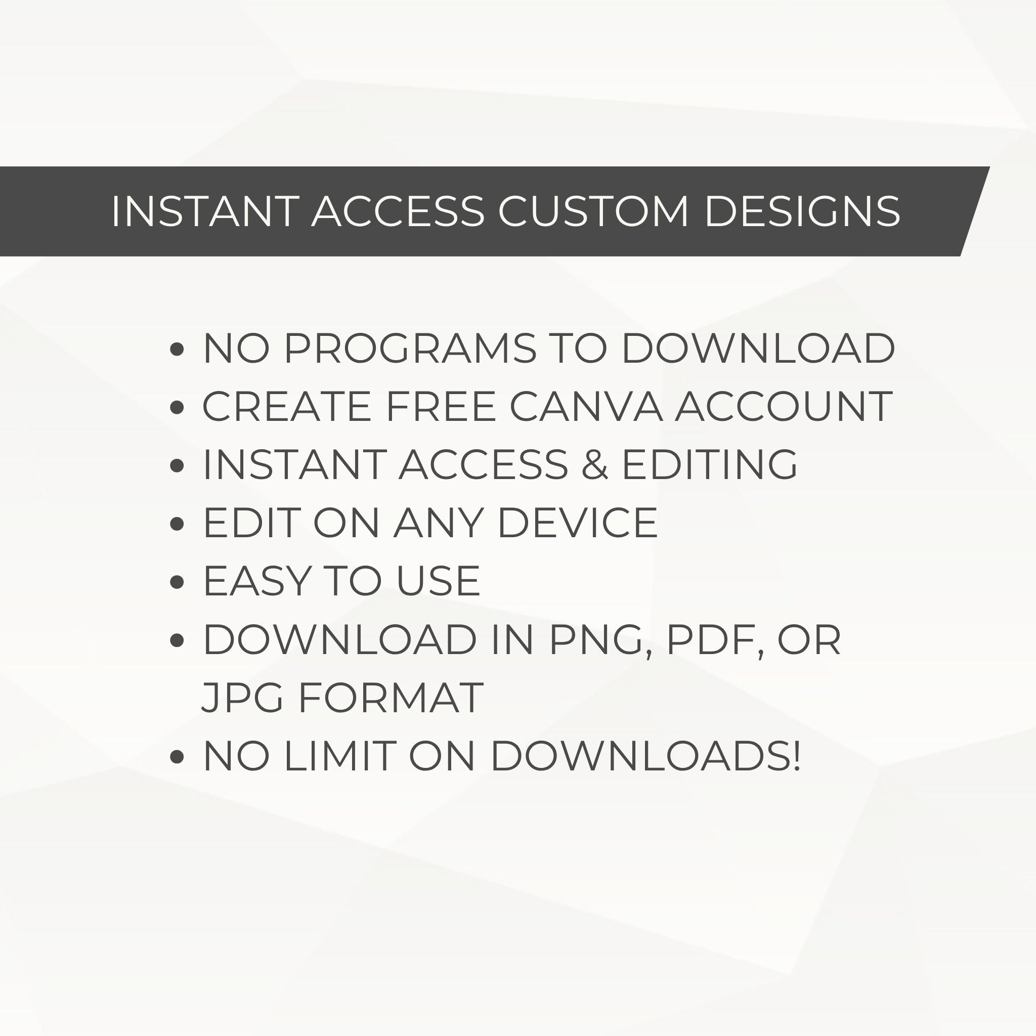 Text detailing features of instant access to custom designs with Canva.