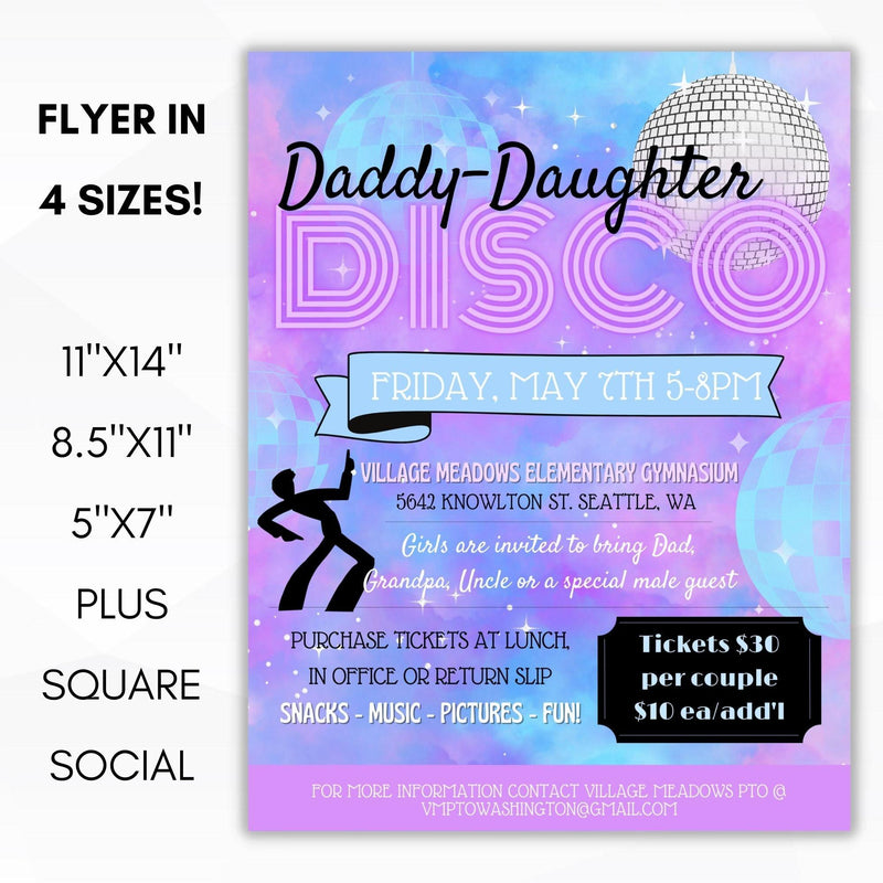 editable flyer sign poster set school dance theme disco 70s decades daddy daughter dance idea