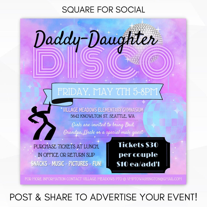 daddy daughter disco dance theme poster sign flyer invite ticket set editable template