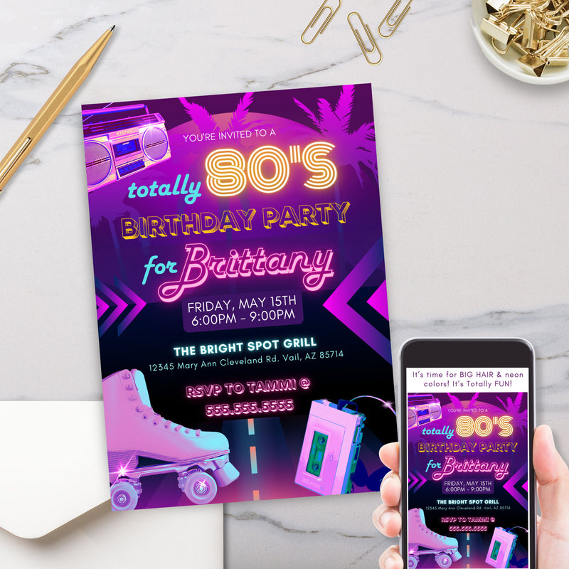 80s theme neon roller skate throwback birthday party invitations