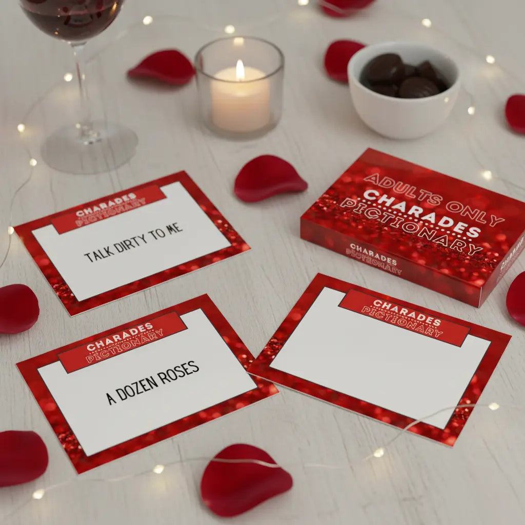 Printable charades game set with cards and dictionary on a romantic setting with candles and rose petals for date night, anniversary or birthday gift for husband, boyfriend, girlfriend or wife.