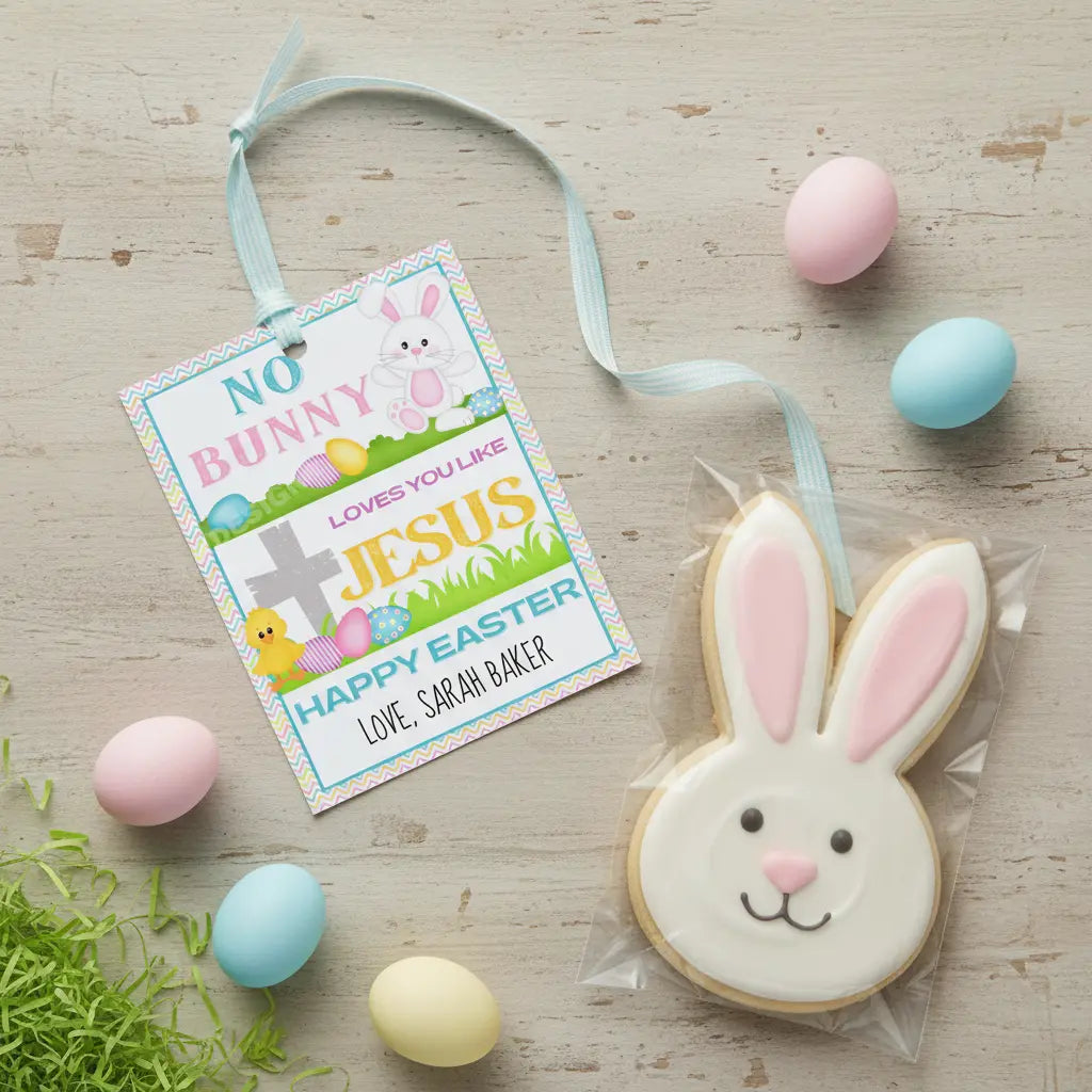 Easter-themed cookie with a personalized tag for Sunday School or friends and Easter eggs on a wooden surface