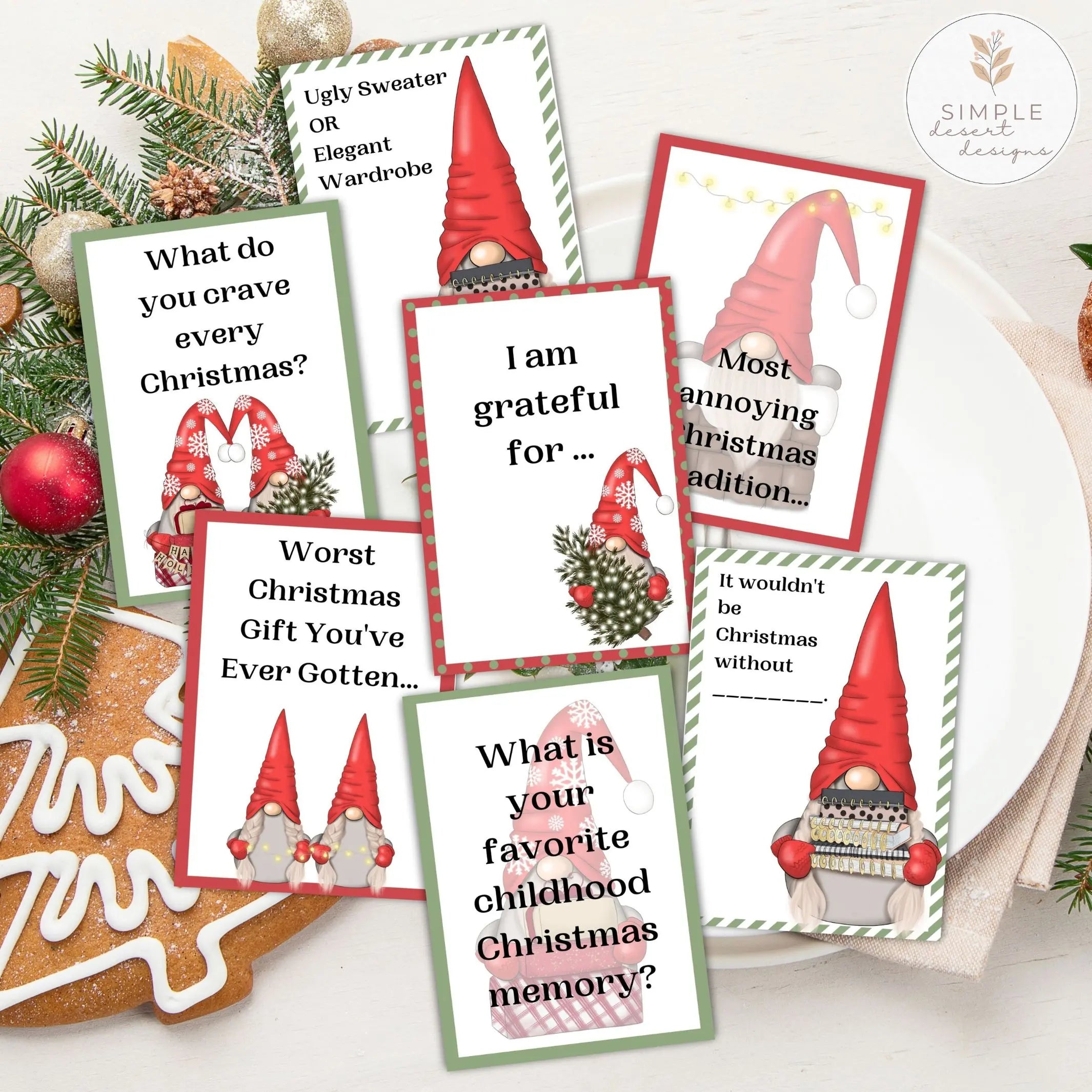 Set of Christmas-themed ice breaker question cards with gnomes on a festive background