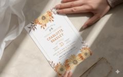 Hand holding a warm floral invitation card on a neutral desk, showing the quality and detail of Simple Desert Designs templates.