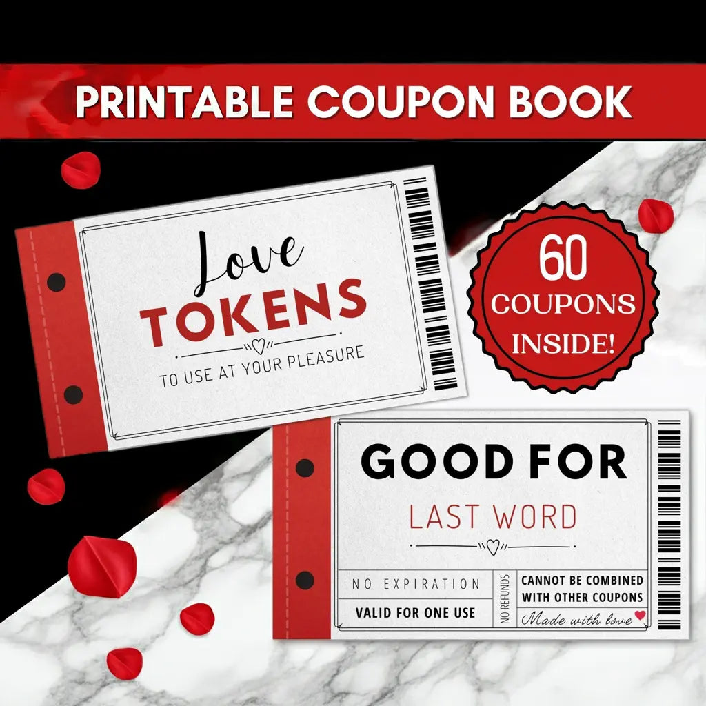 Printable coupon book with 'Love Tokens' design on a marble background with 60 fun and romantic date night, anniversary, birthday or just because I love you gift ideas for husband, wife, boyfriend or girlfriend.