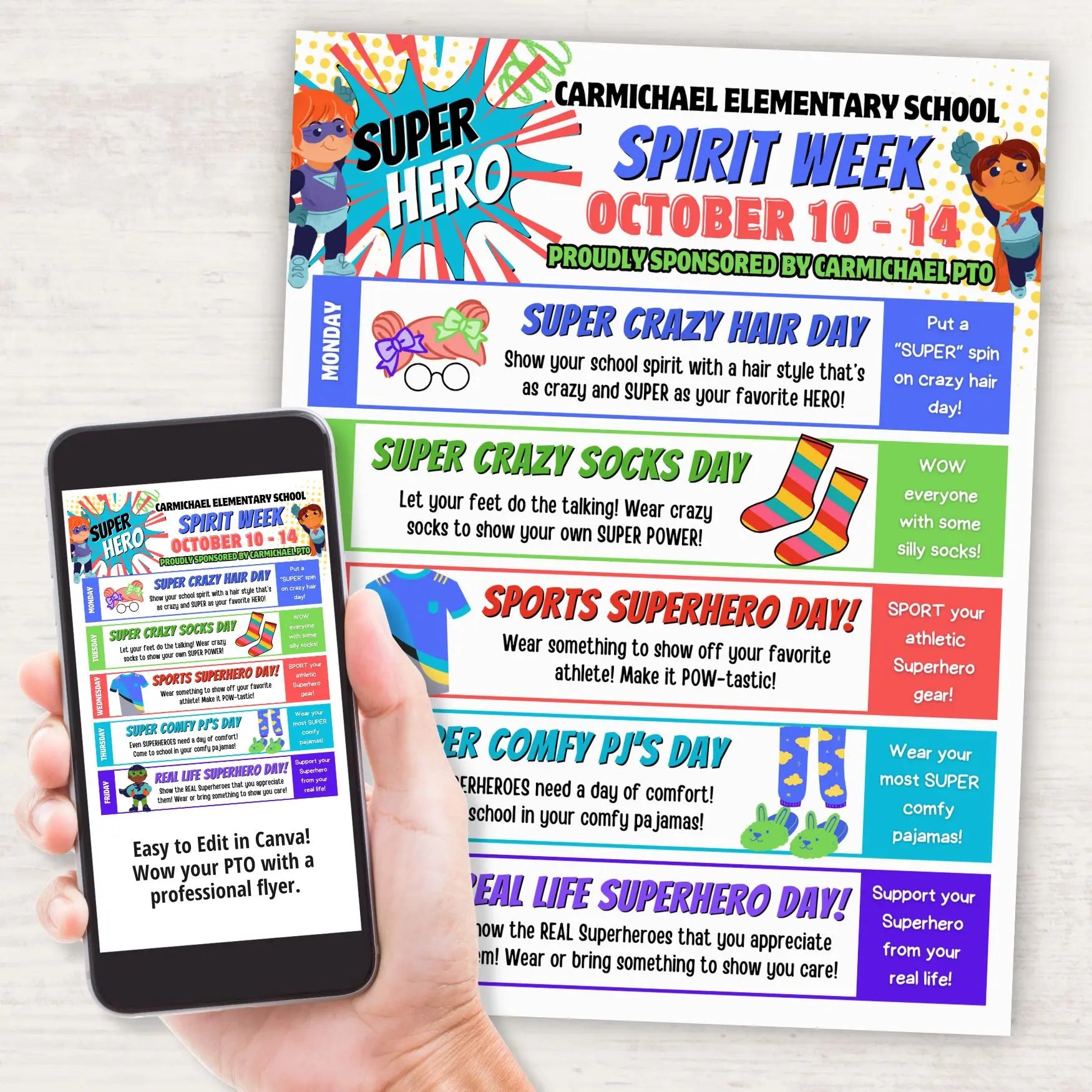 Carmichael Elementary School Spirit Week flyer with superhero theme, held by a hand next to a smartphone displaying the same flyer.