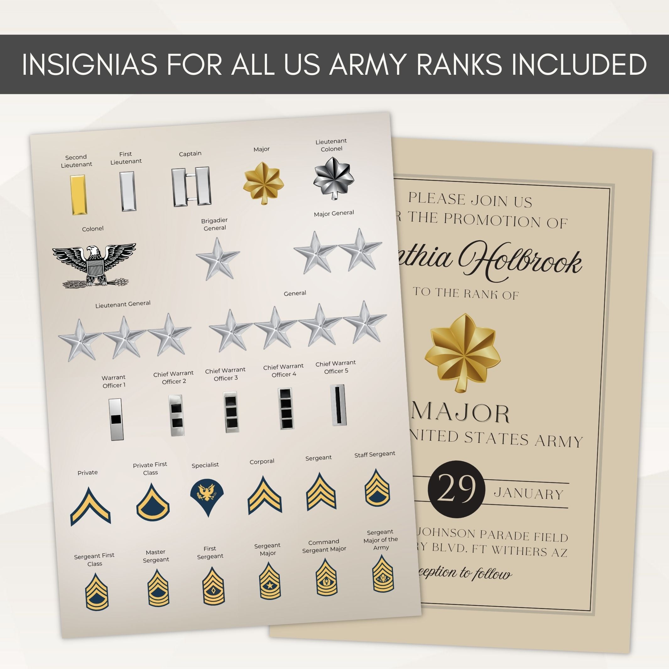 Sheet of US Army rank insignias with a formal invitation card on a white background