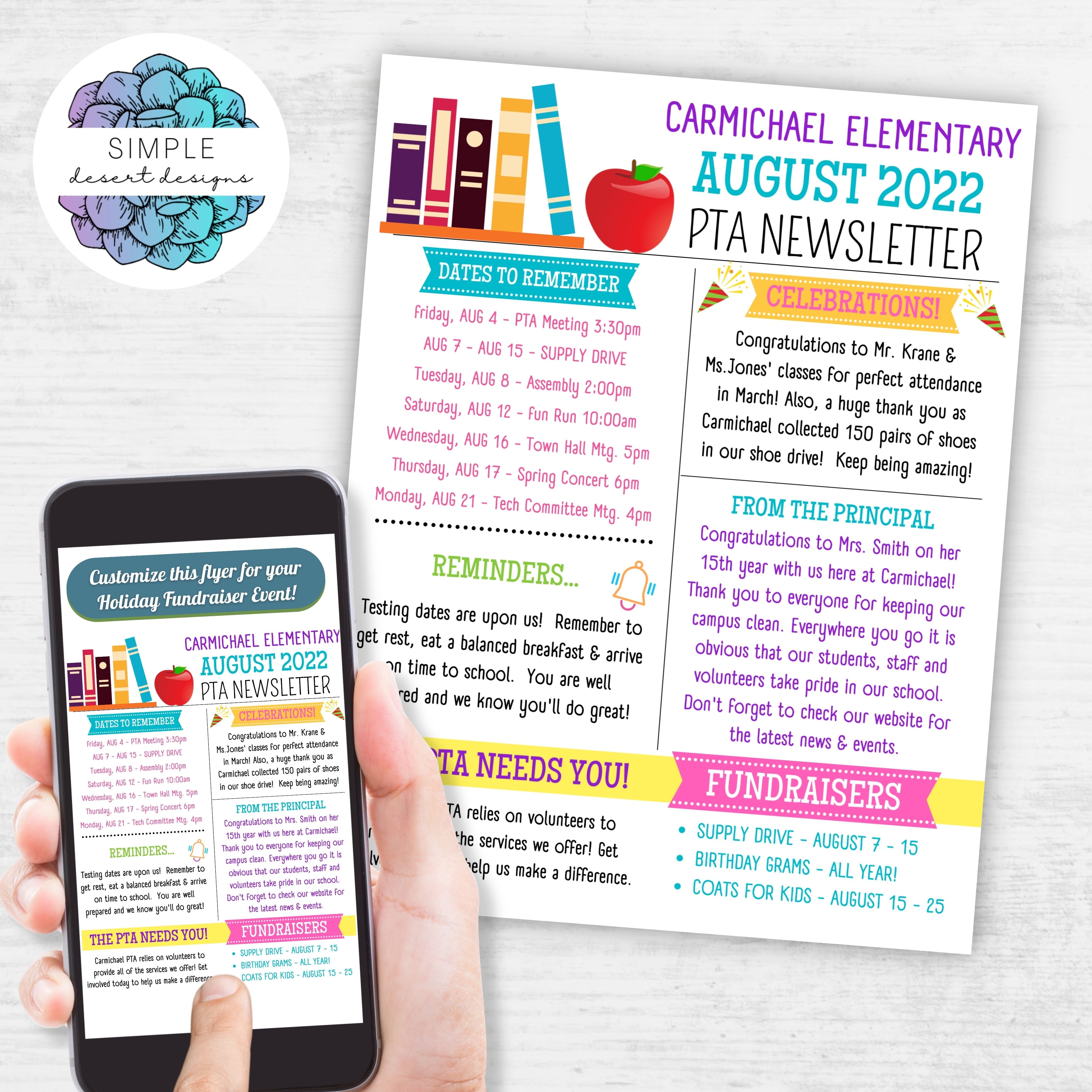 August PTO PTA Newsletter Flyer Handout – Simple Desert Designs