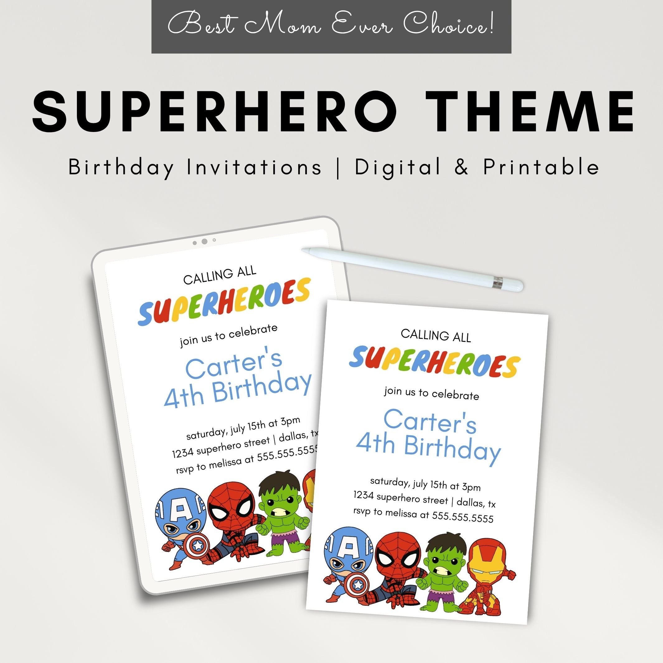 cute modern baby superheroes theme birthday party invitaitons for kids