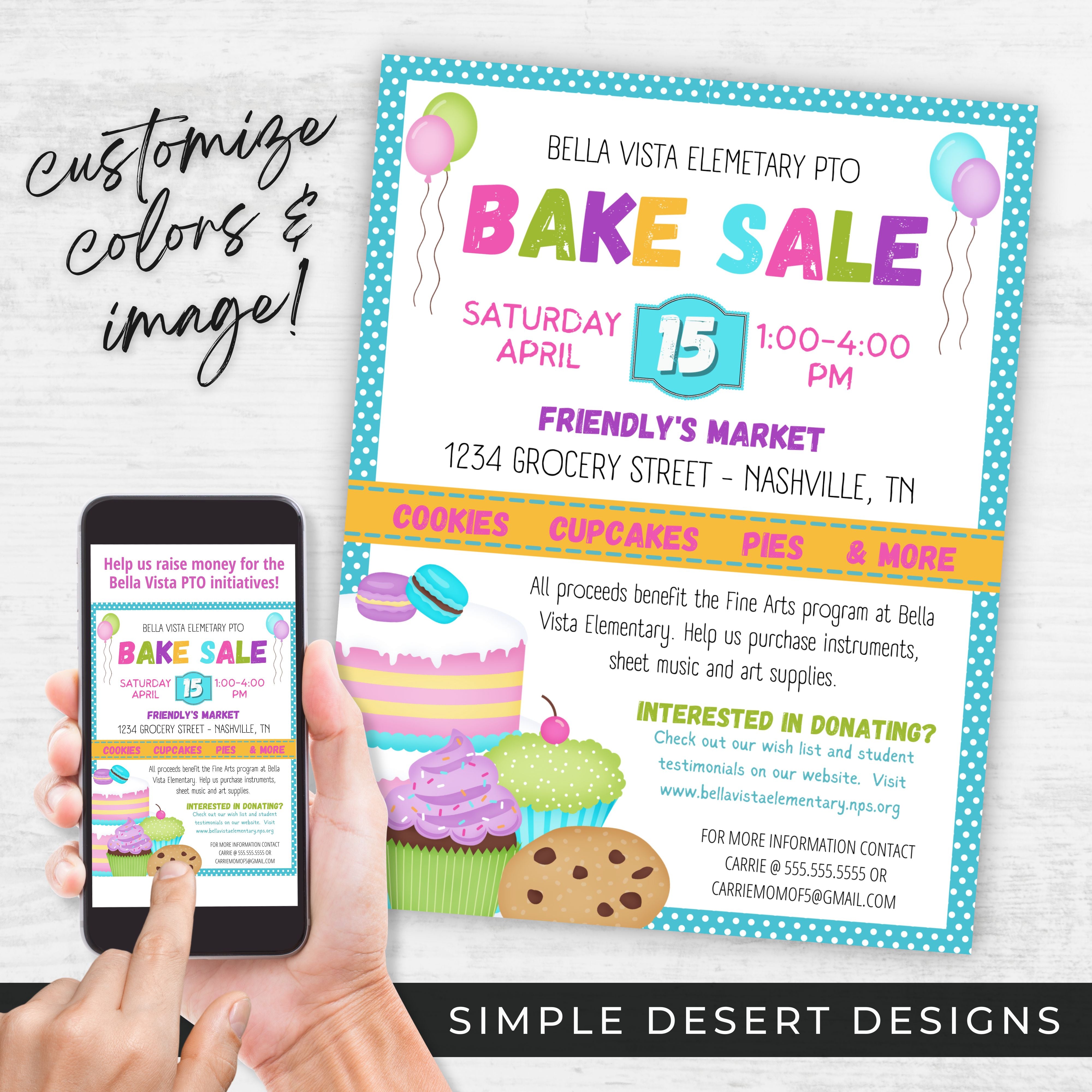colorful fun bake sale fundraiser flyers in digital invitaitions and printed