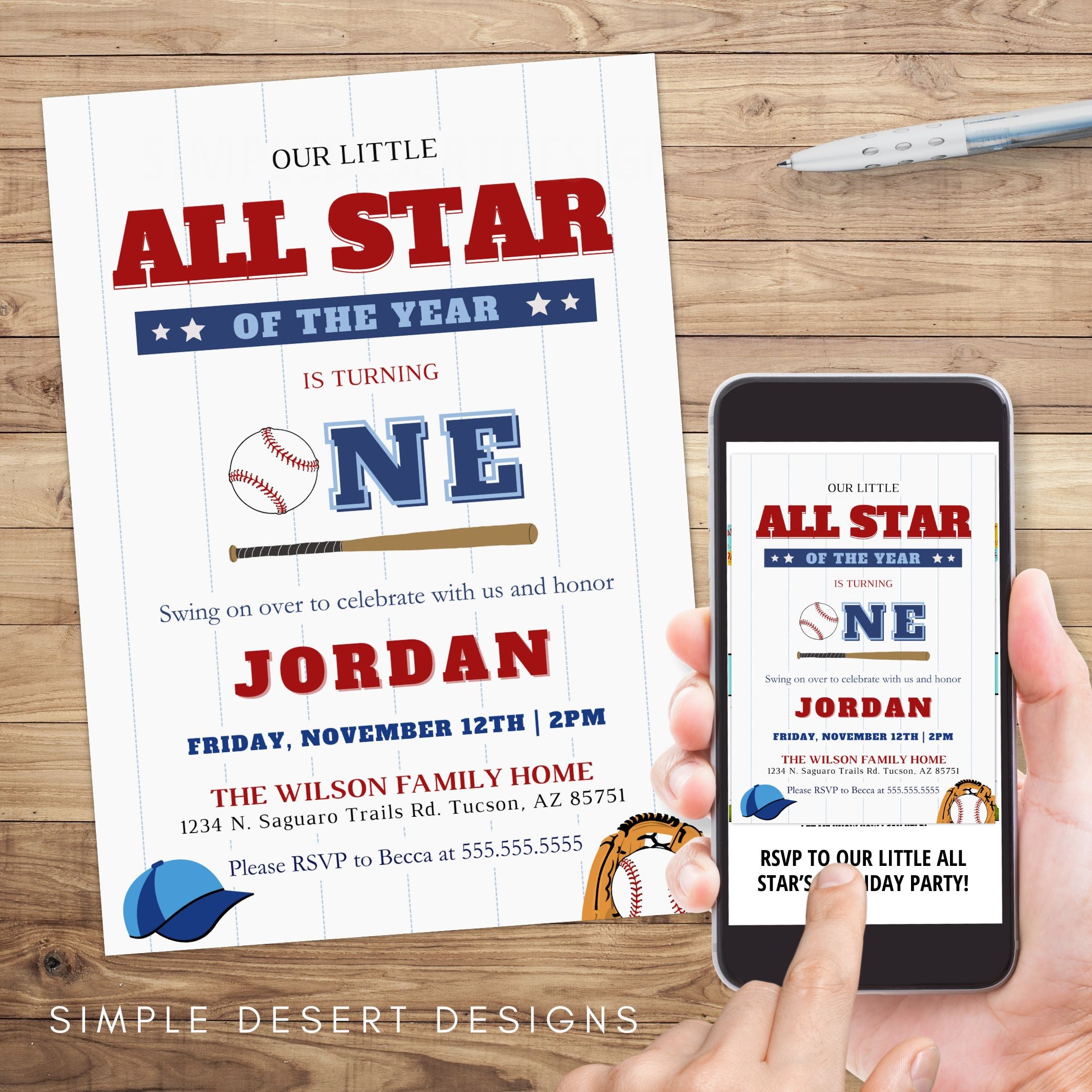 personalized all star baseball 1st birthday invitation in printed and digital e invite formats