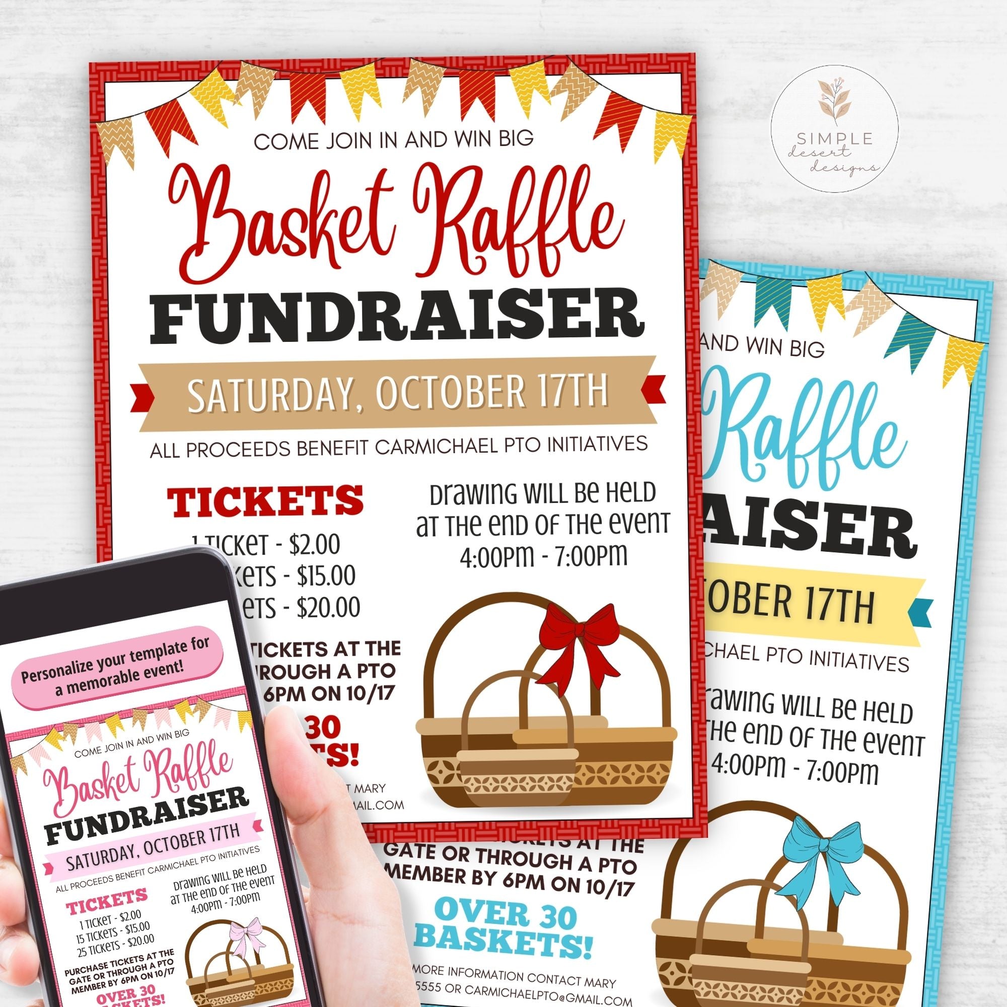 Basket Raffle Fundraiser flyer with event details and a smartphone displaying the flyer.