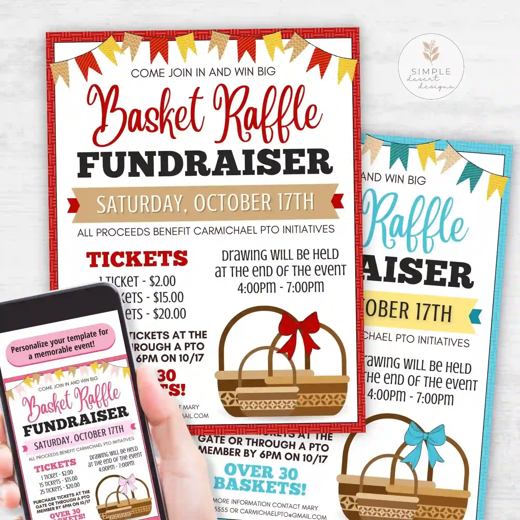 Basket raffle flyers shown in three color combinations to represent a collection of holiday and seasonal editable holiday fundraiser templates for schools, churches, nonprofits, community groups, and businesses for fundraising and awareness events created by Simple Desert Designs.