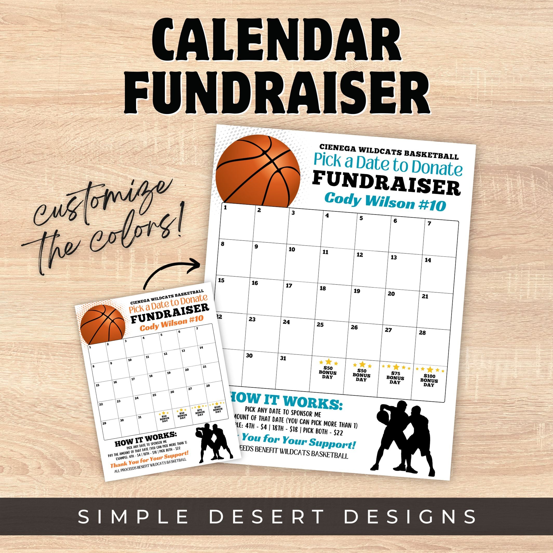 A customizable basketball-themed calendar fundraiser template displayed with sample text and design elements, available in editable PDF format for personalization.