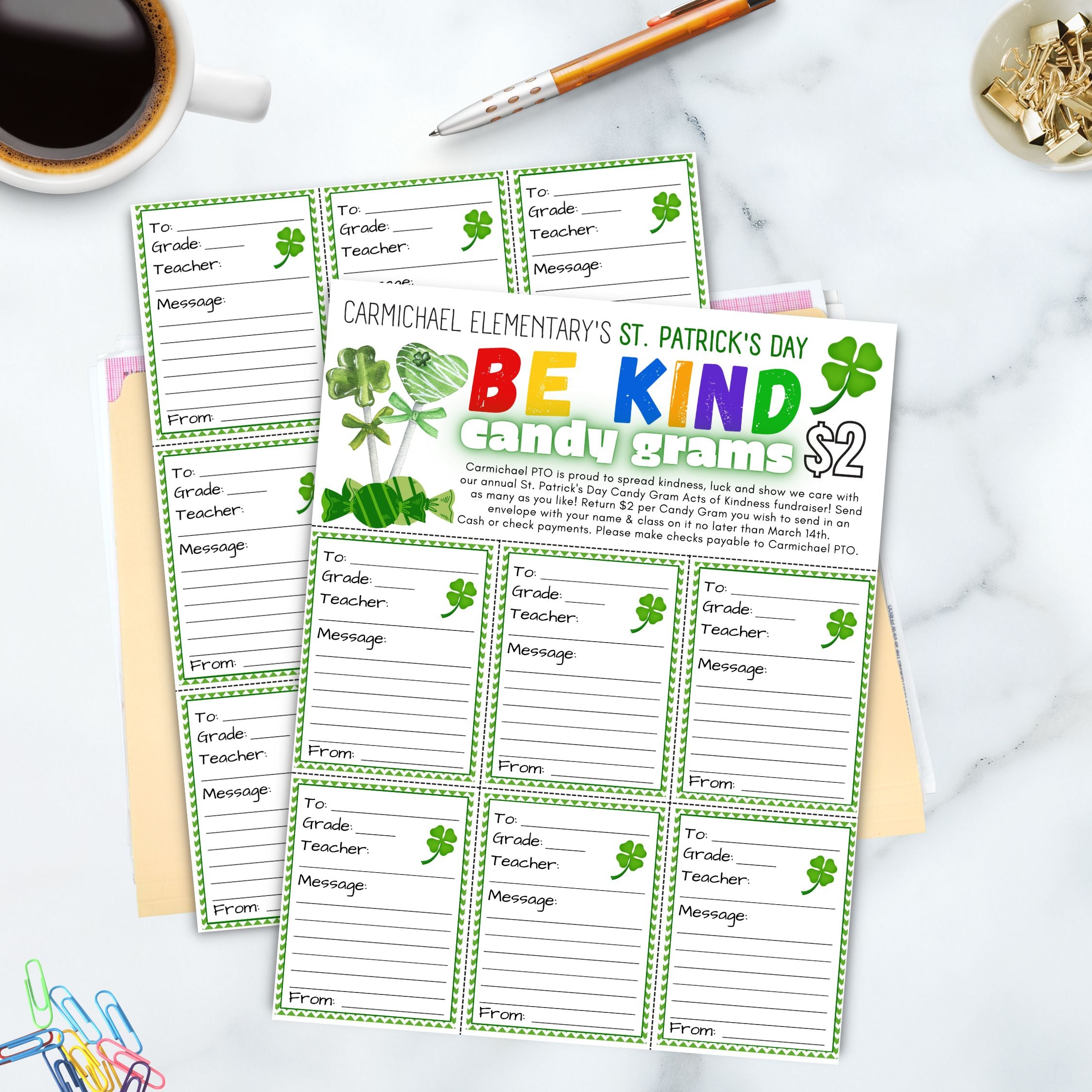 St. Patrick's Day-themed 'Be Kind' candy gram printables on a marble surface with coffee and pencils.