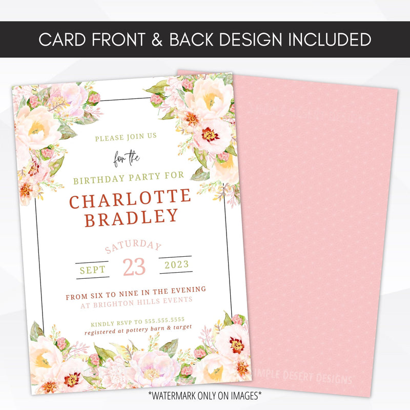 birthday invitation with blush pink flowers