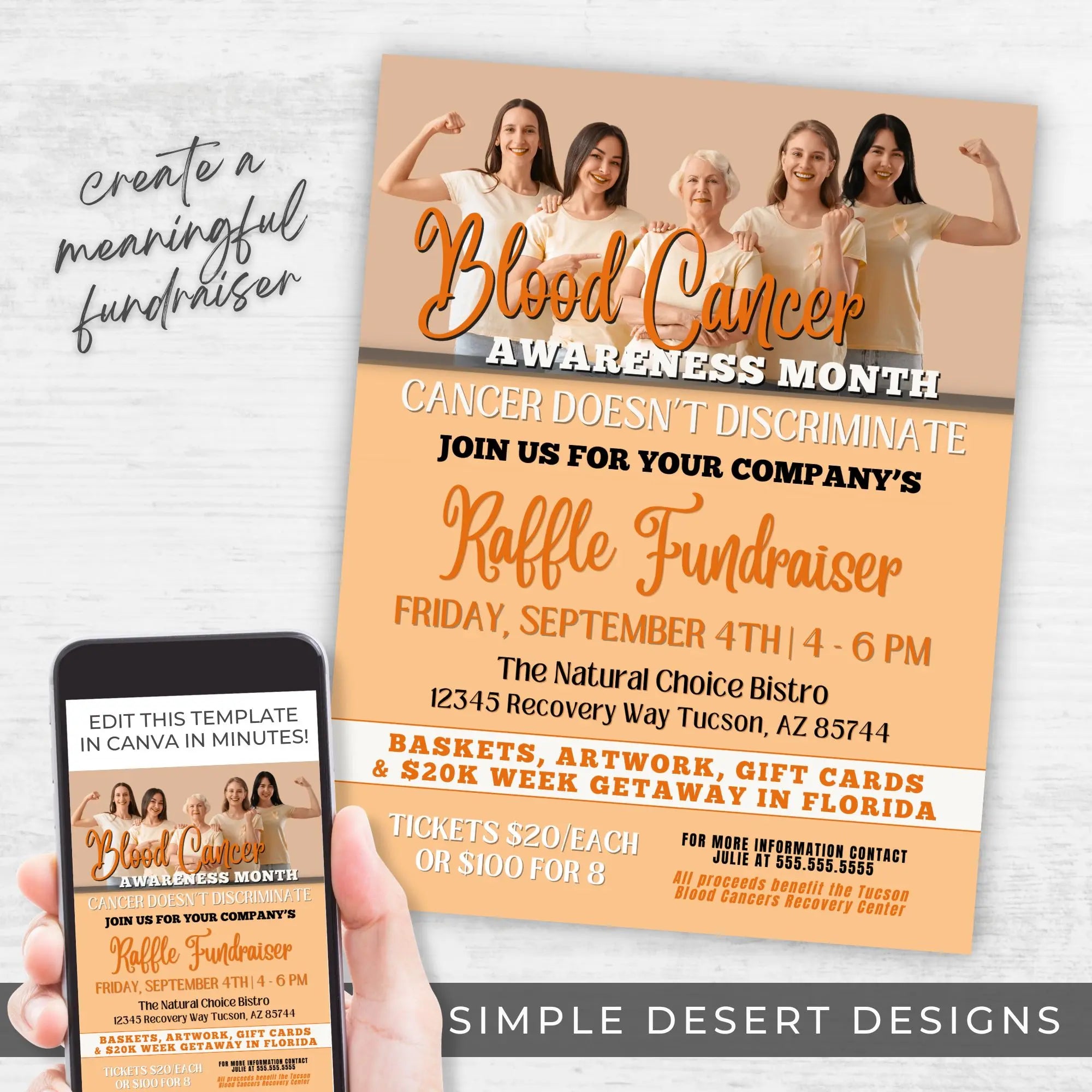 Blood Cancer Awareness Month raffle fundraiser flyer with a phone showing the editable template.