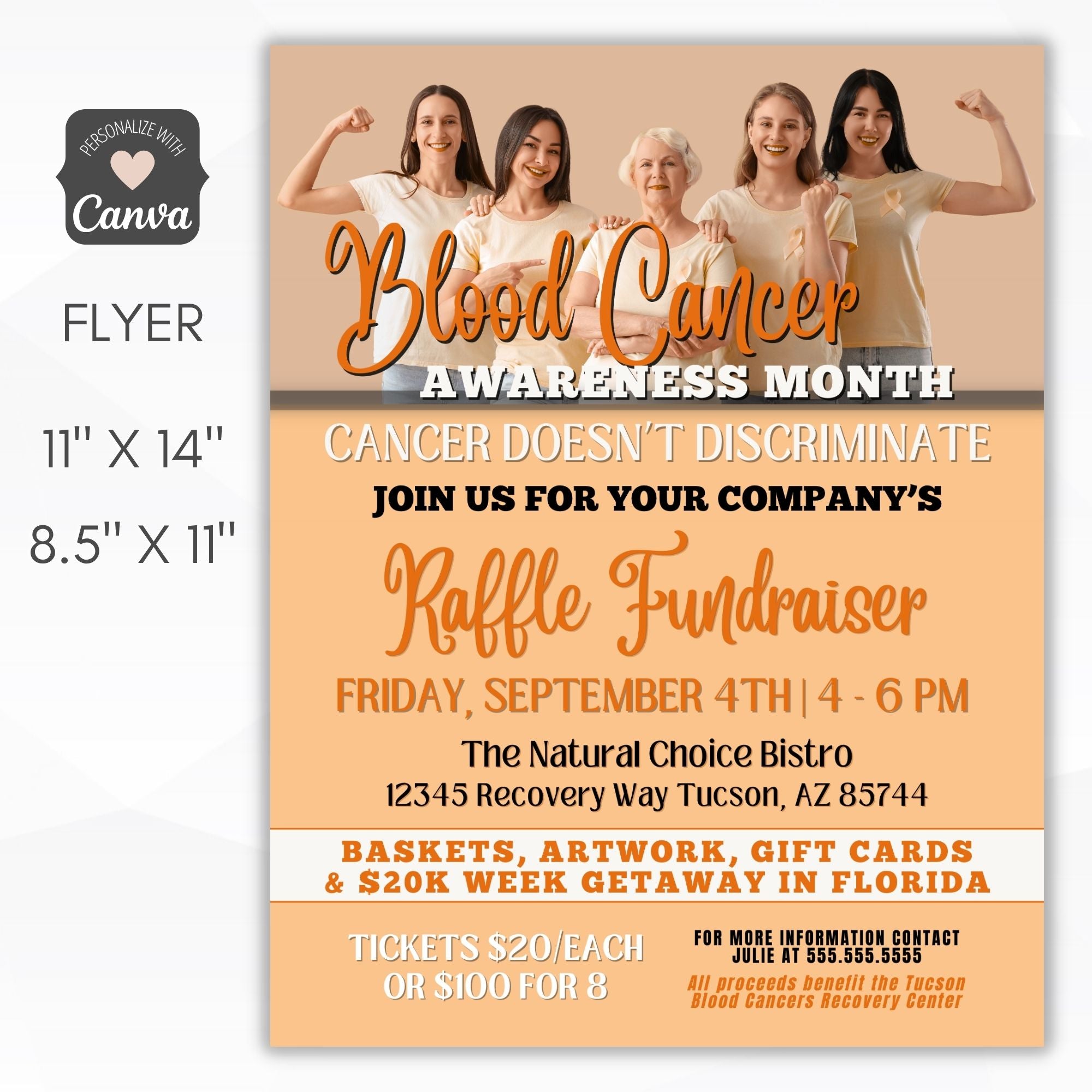 Flyer for a Blood Cancer Awareness event with women holding hands and text about a raffle fundraiser.