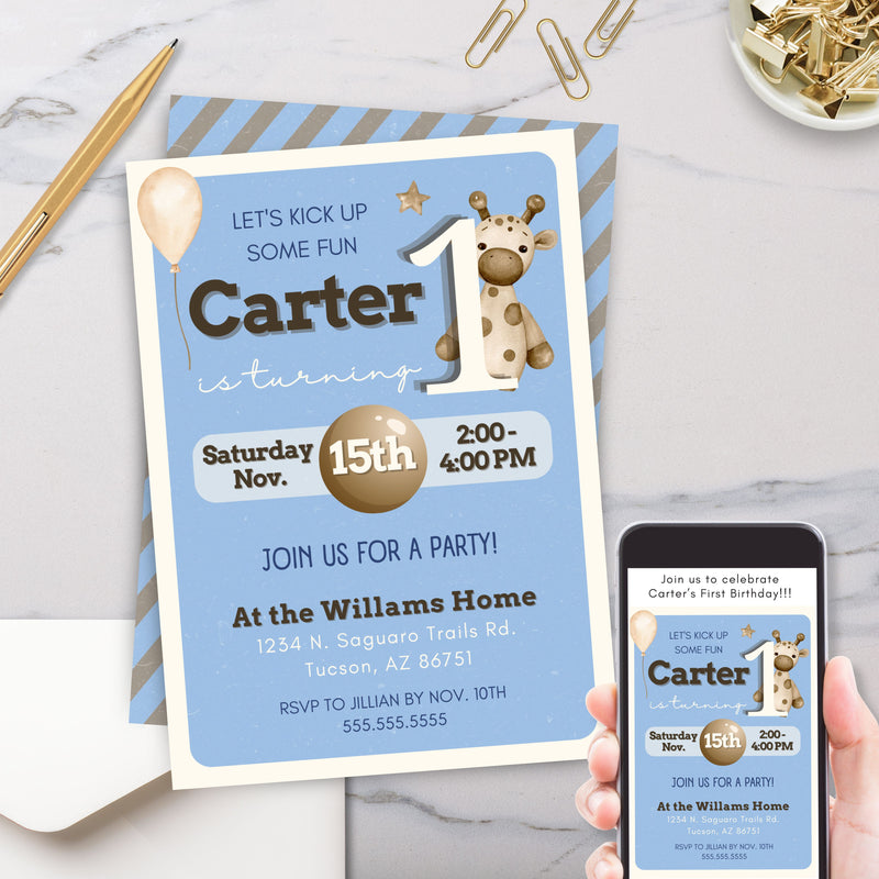 vintage bohemian giraffe birthday party invitation in blue and beige with cream accents