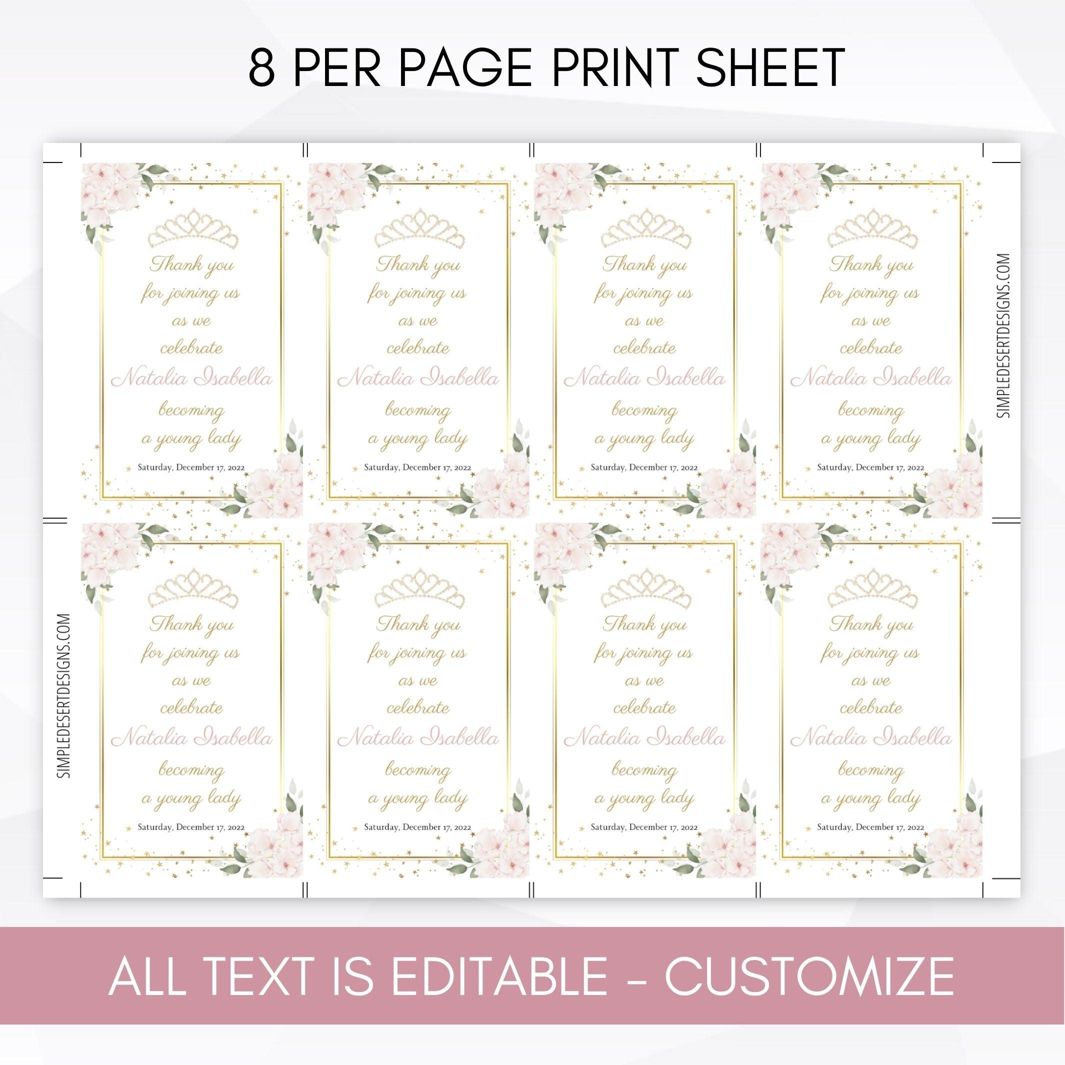 customizable pink gold birthday favor tags