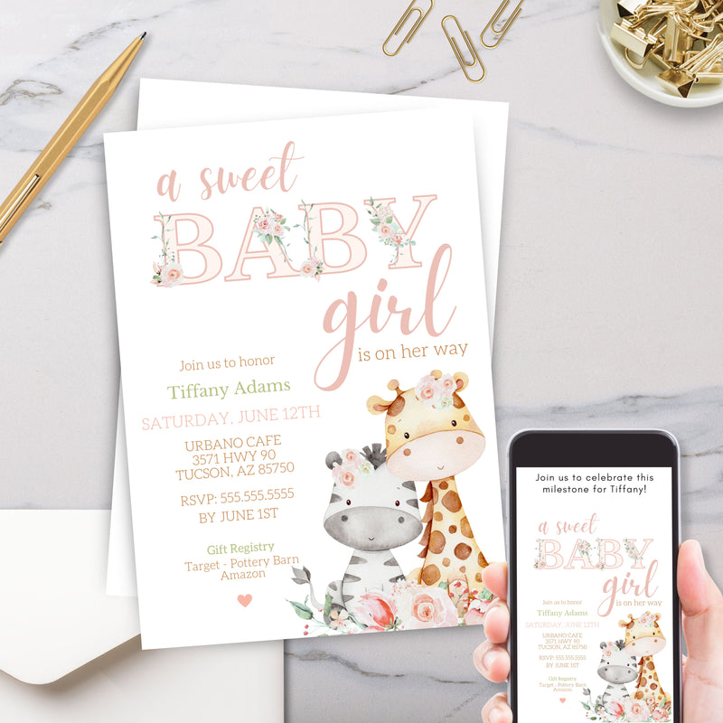 elegant blush pink floral baby girl safari baby shower invitations with zebra and giraffe