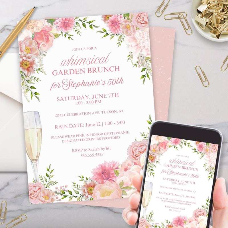 elegant pink floral whimsical birthday invitation with champagne for brunch party invites