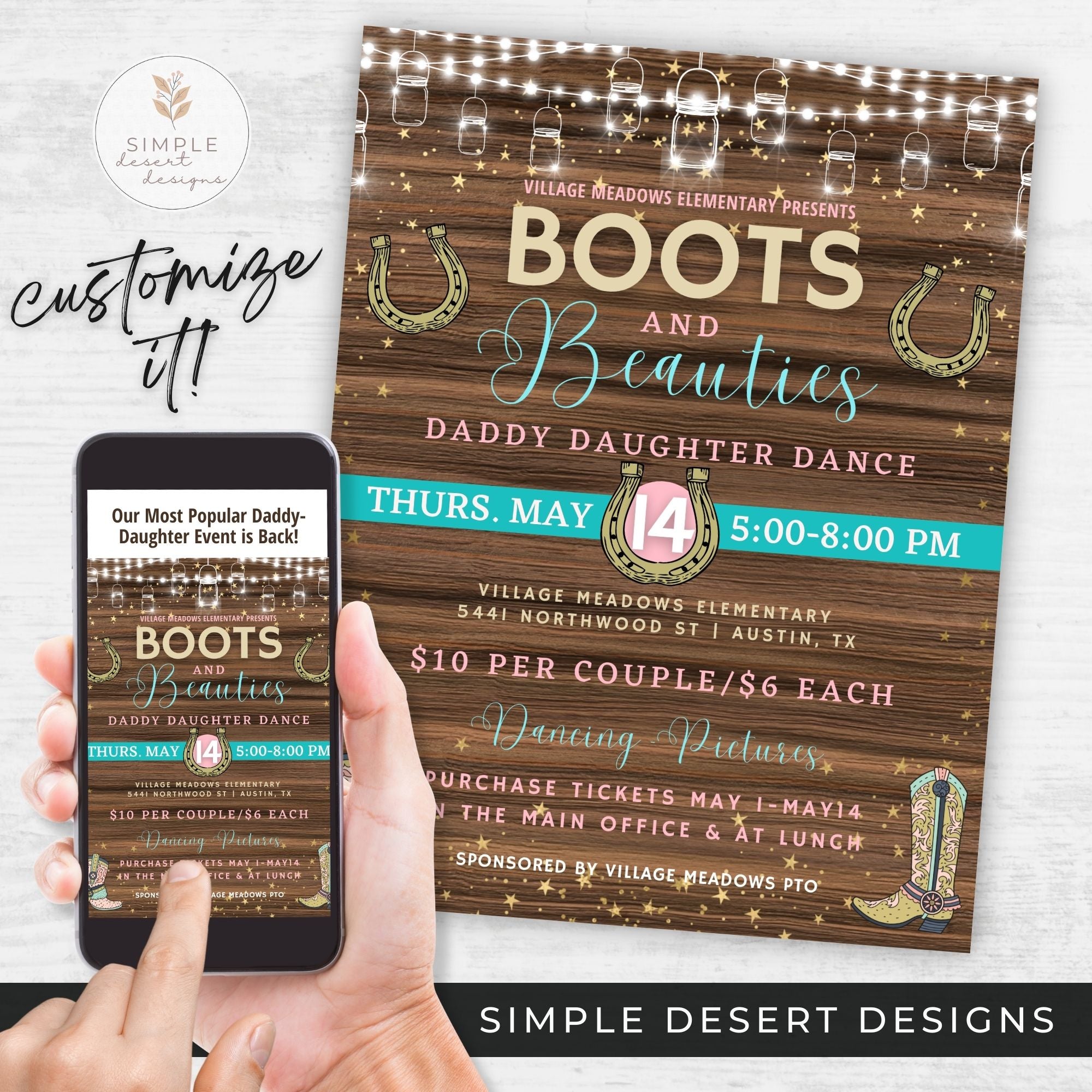 fun country western boots and beauties daddy daughter dance flyer shown on phone and printed for school event fundraiser.