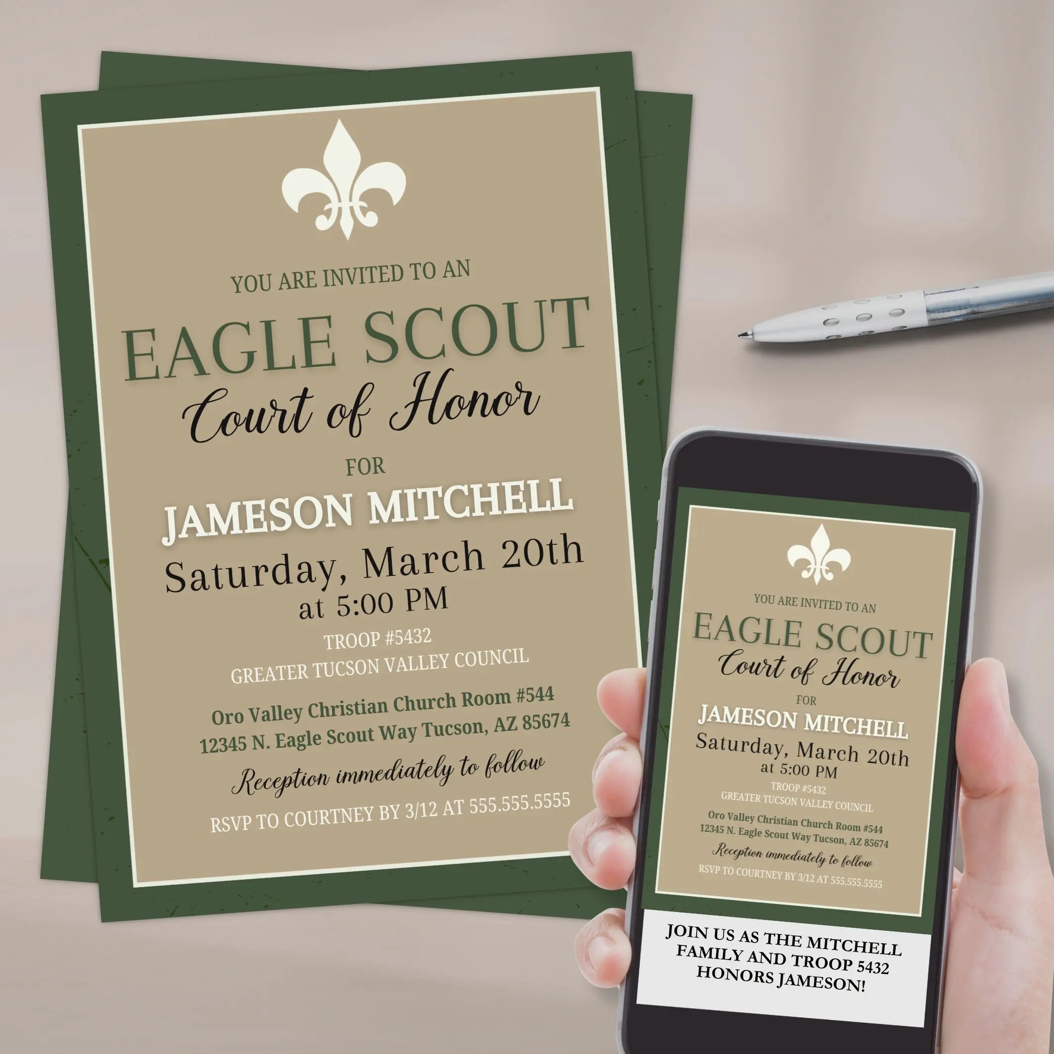 Eagle Scout Court of Honor invitation with smartphone displaying the same invitation.