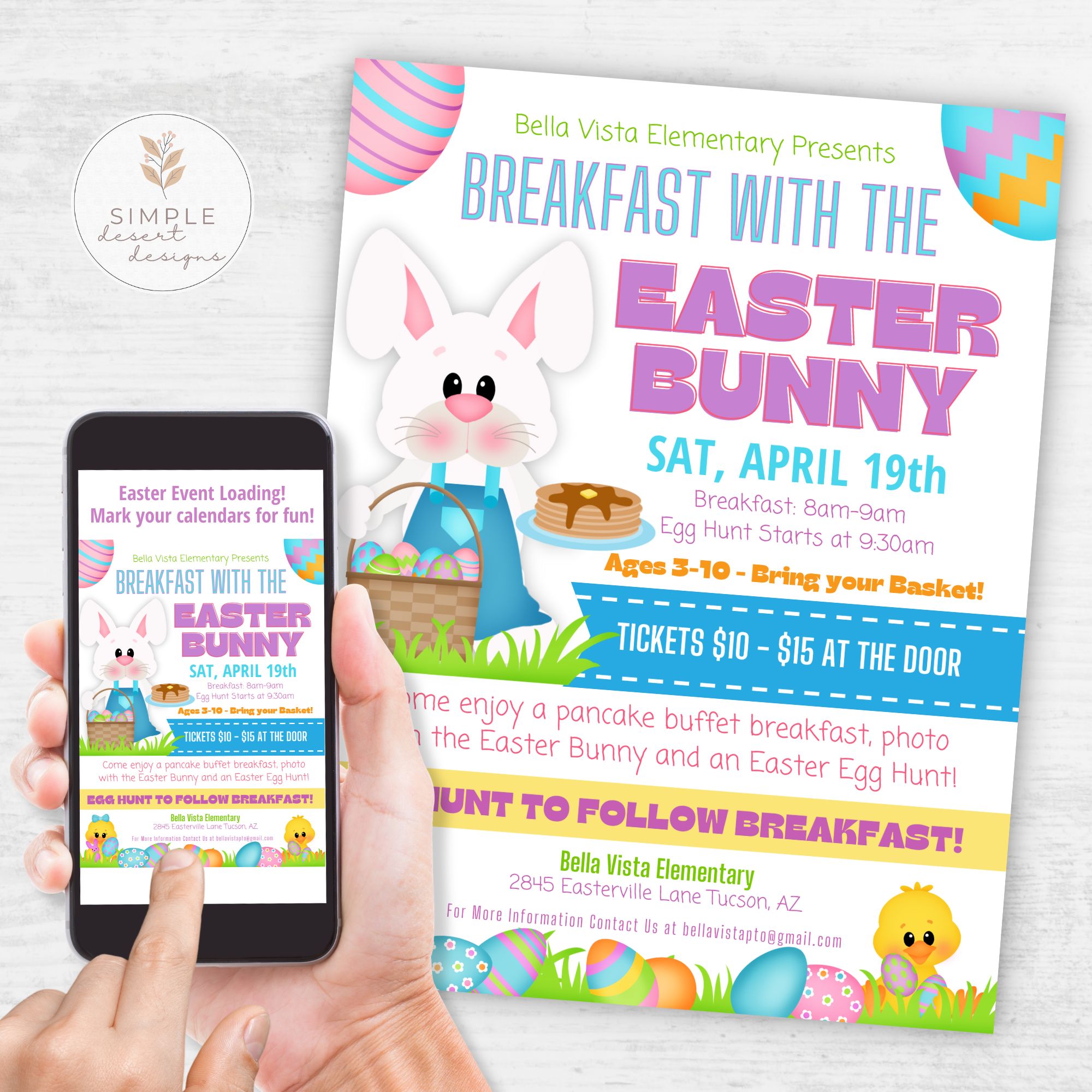Promotional flyer for 'Breakfast with the Easter Bunny' event held by Bella Vista Elementary, displayed on a smartphone and physical flyer.