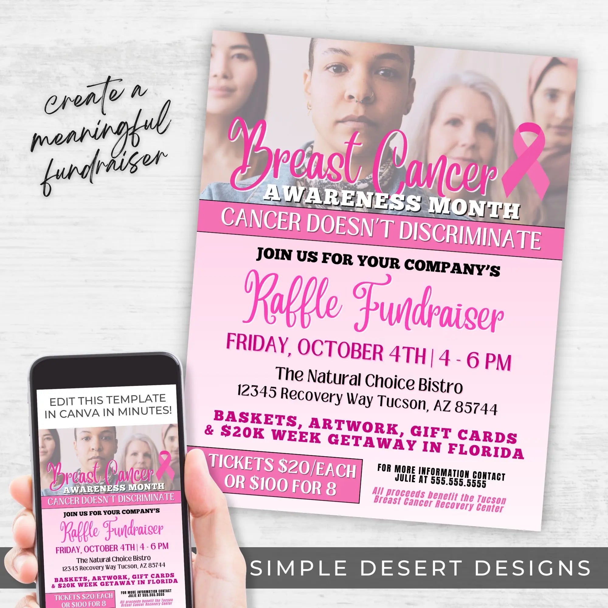 Breast cancer awareness raffle fundraiser flyer with a phone displaying the same design.