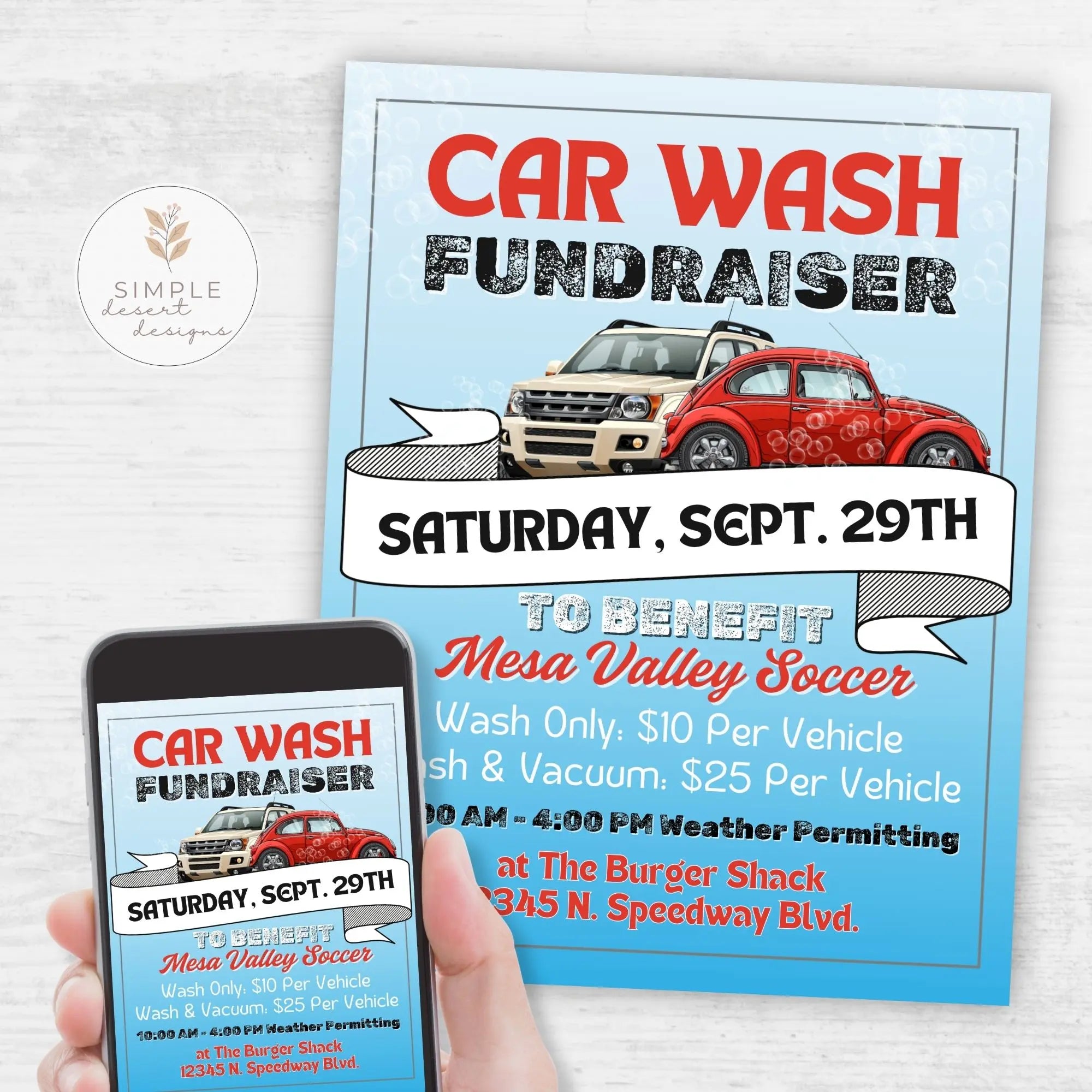 Editable car wash fundraiser flyer with event details on a phone and paper.