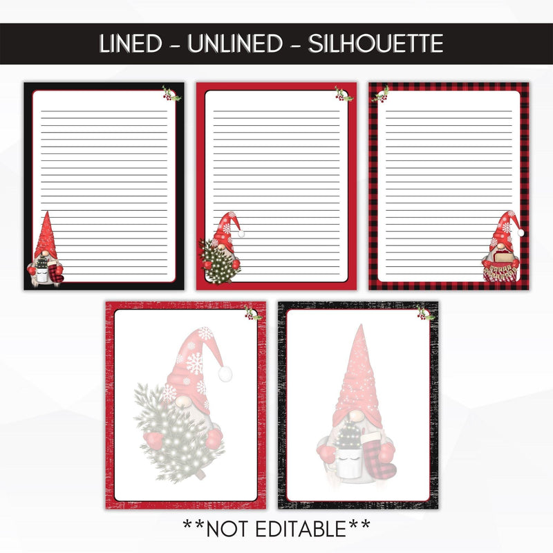 lined buffalo plaid christmas gnome stationery set