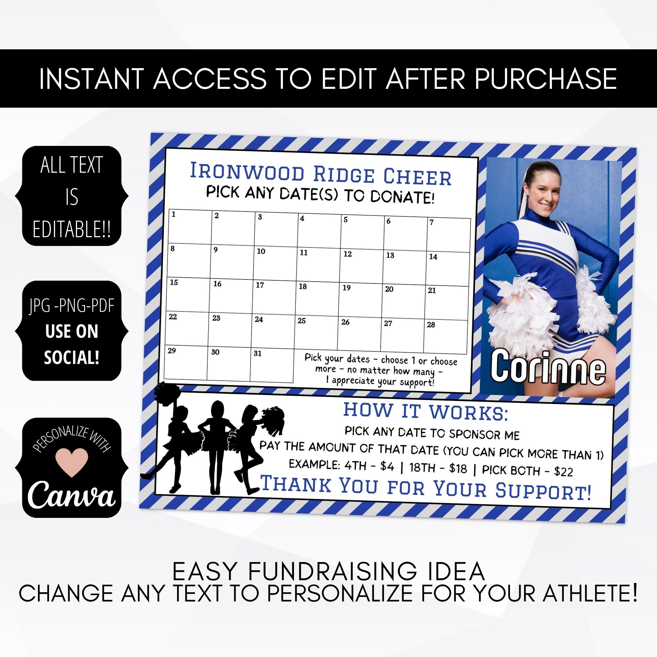 Cheerleading fundraising calendar with editable text and Canva branding