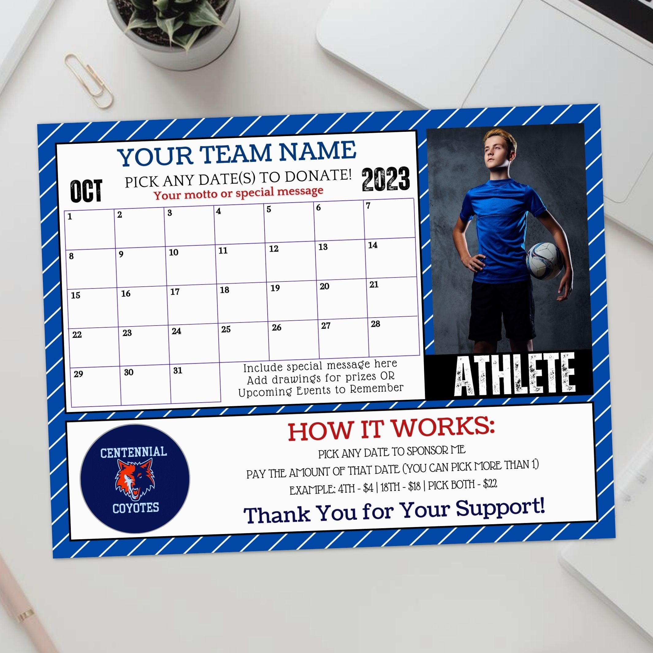editable calendar fundraiser template for any sport shown with soccer player and space for athlete photo and school logo with fundraising rules included on calendar sheet.
